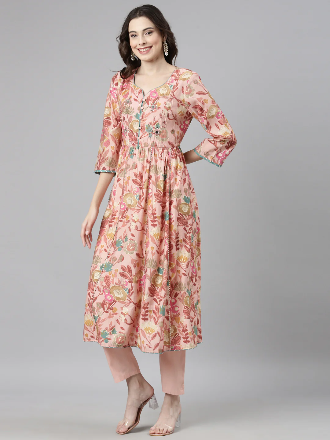 Neerus Pink Casual Floral Anarkali Kurta and Trousers With Dupatta - Image 2