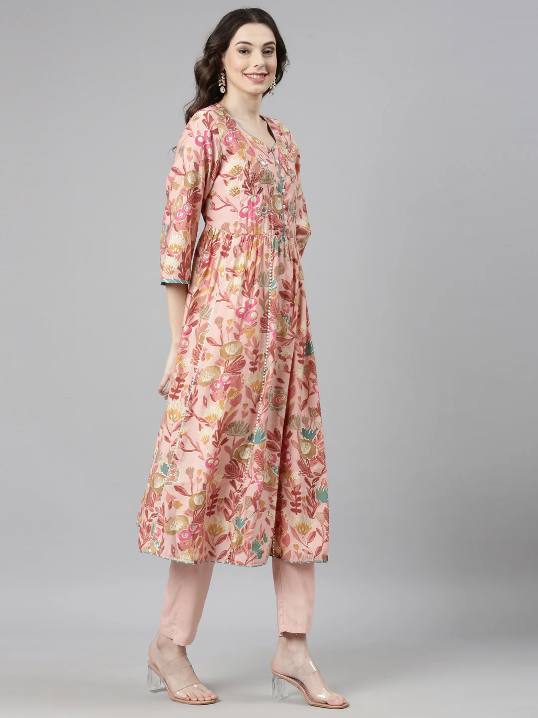 Neerus Pink Casual Floral Anarkali Kurta and Trousers With Dupatta - Image 3