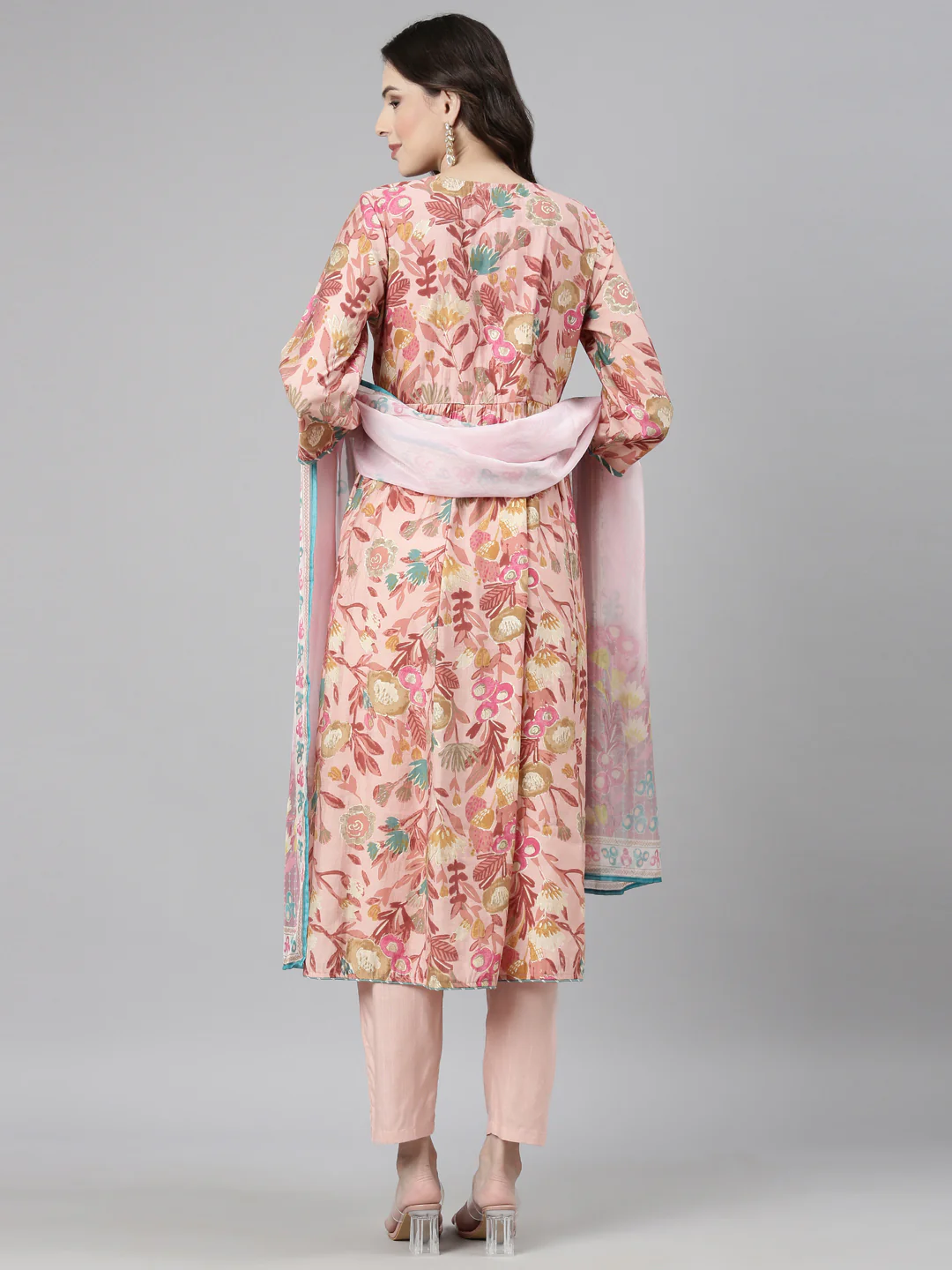 Neerus Pink Casual Floral Anarkali Kurta and Trousers With Dupatta - Image 4
