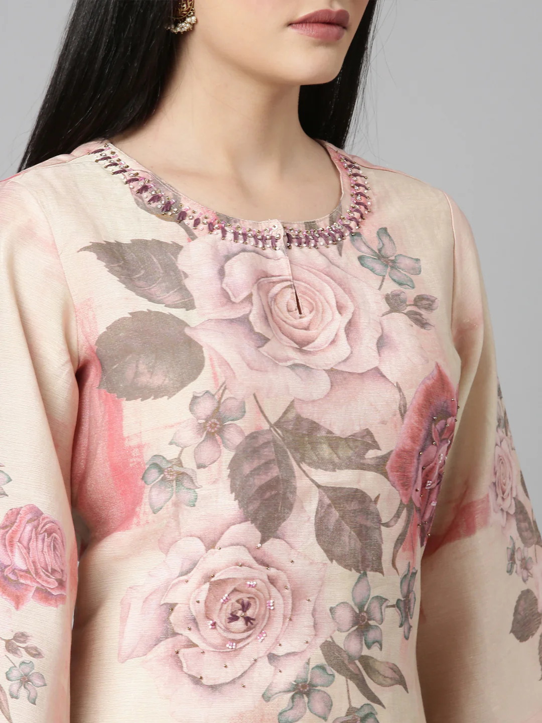 Neerus Pink Casual Floral Straight Kurta and Trousers With Dupatta - Image 5