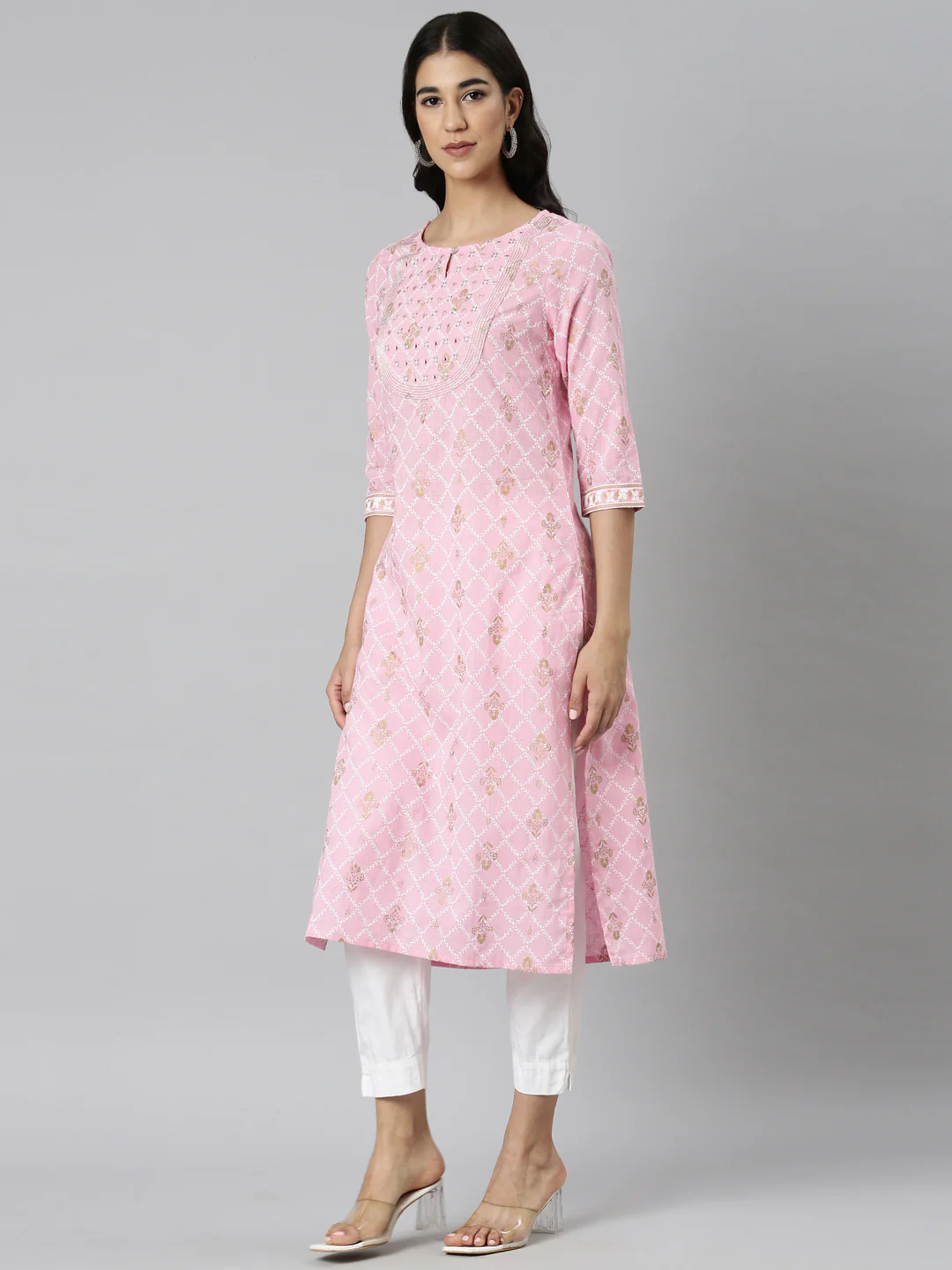 Neerus Pink Casual Floral Straight Kurta - Image 2