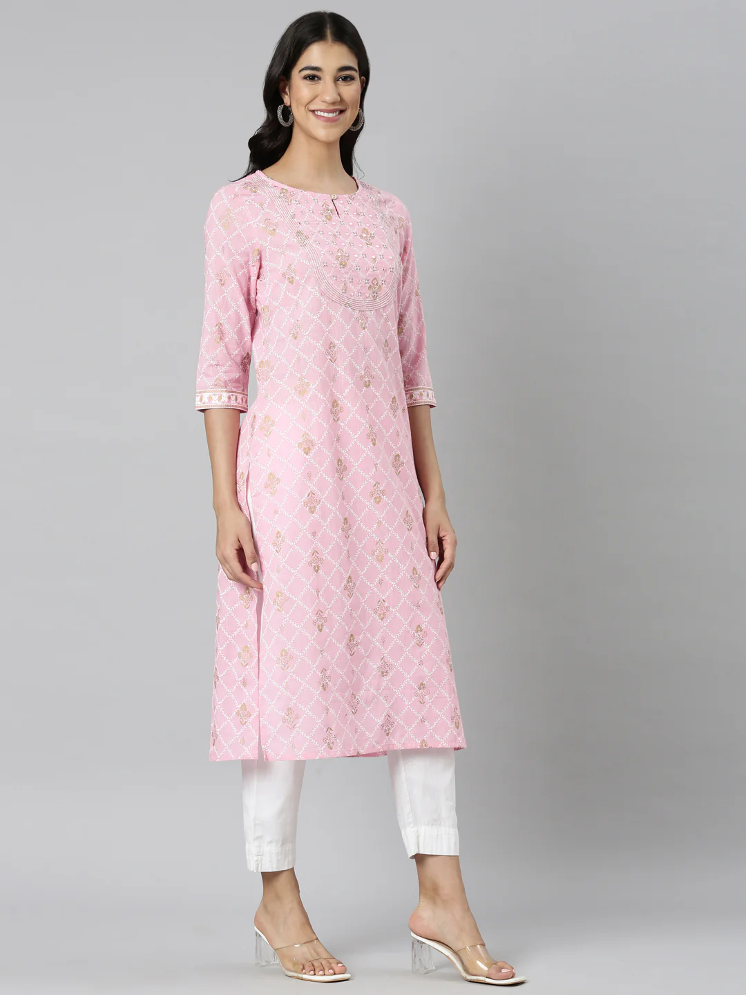 Neerus Pink Casual Floral Straight Kurta - Image 3