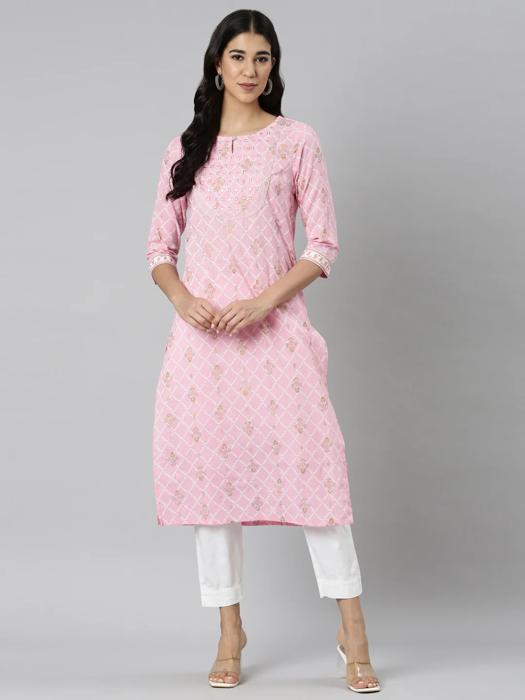 Neerus Pink Casual Floral Straight Kurta - Image 6