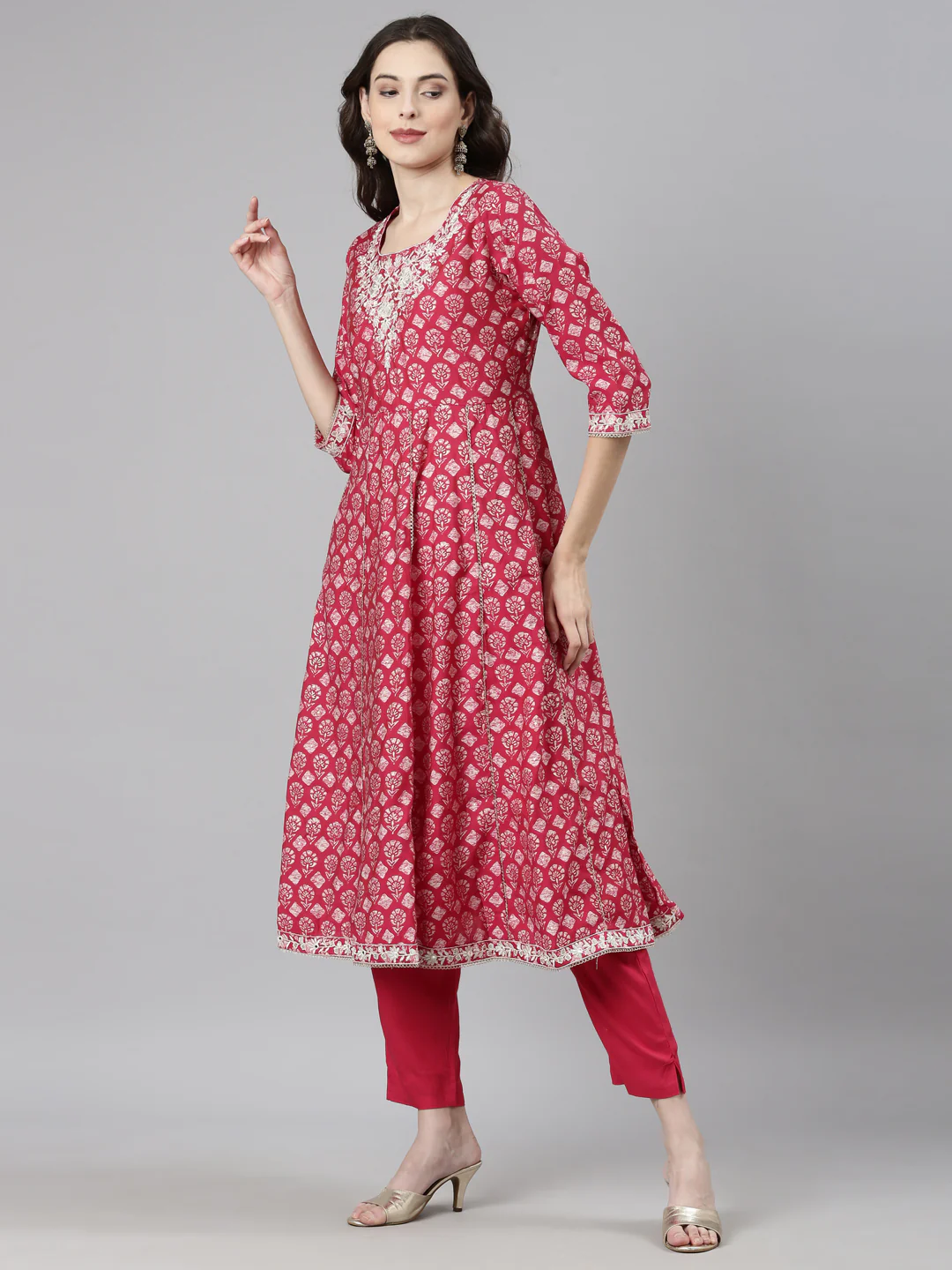 Neerus Pink Casual Quirky Anarkali Kurta and Trousers With Dupatta - Image 2