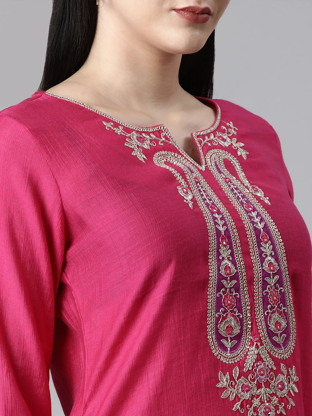 Neerus Pink Casual Solid Straight Kurta and Trousers With Dupatta - Image 5