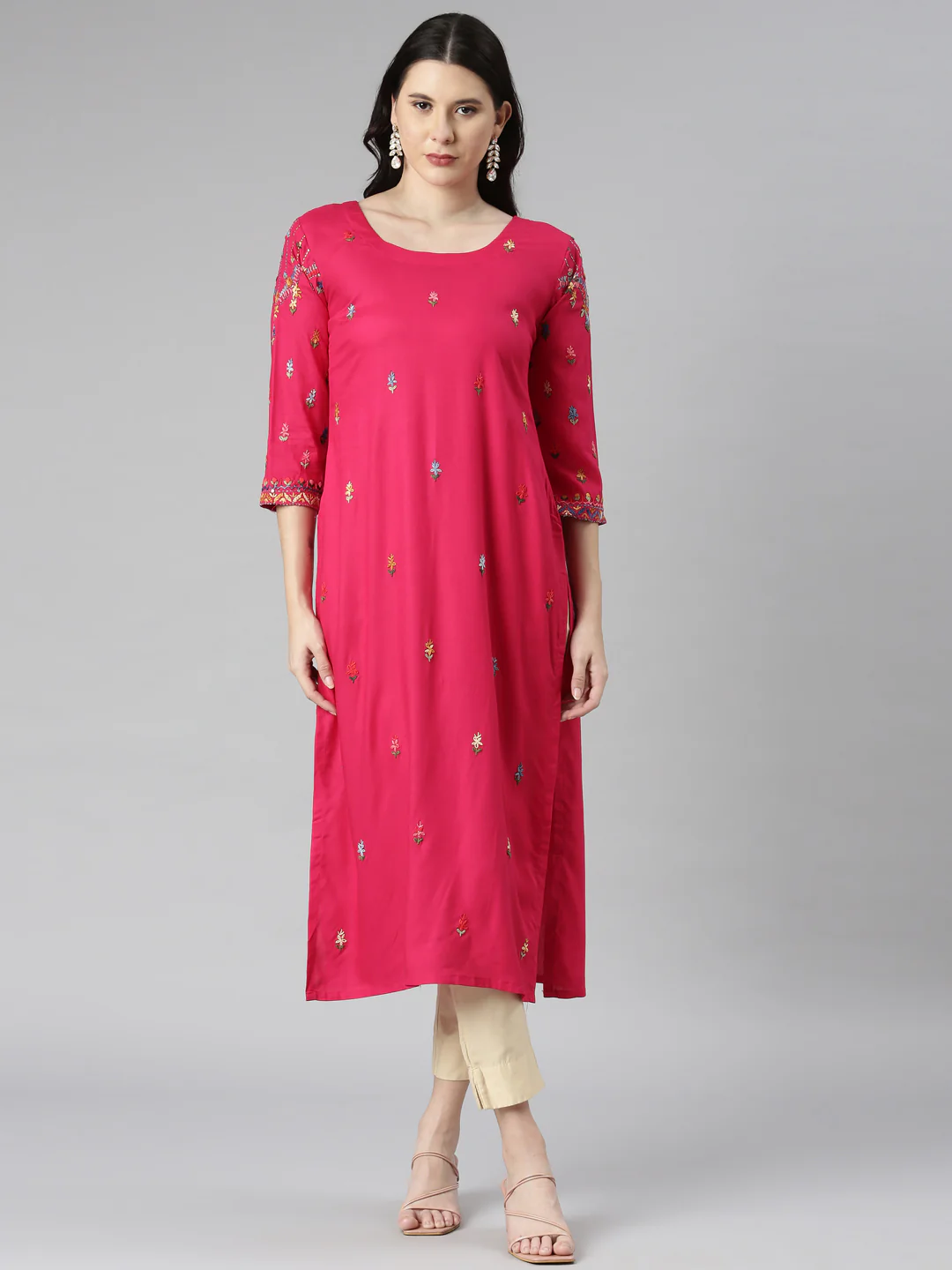 Neerus Pink Casual Solid Straight Kurta