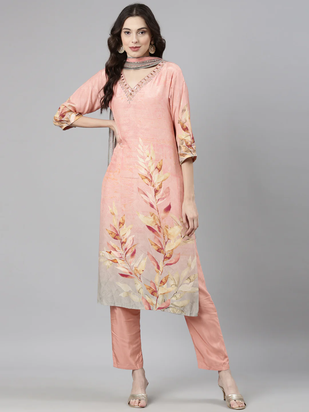 Neerus Pink Casual Straight Kurta and Trousers With Dupatta - Image 6