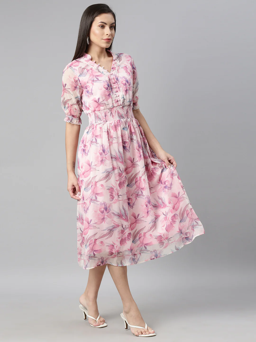 Neerus Pink Color Chiffon Fabric Kurta - Image 4