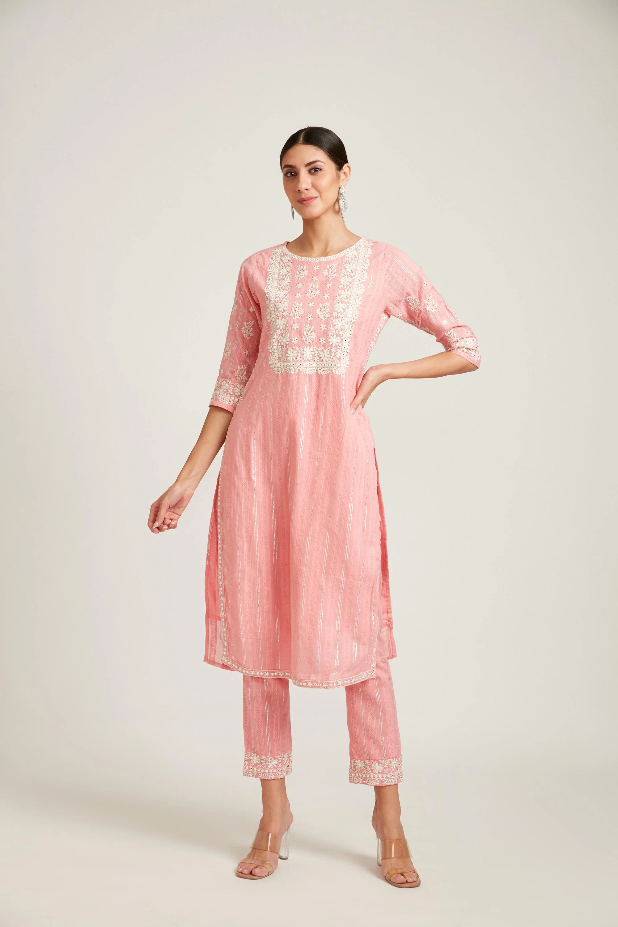 Neerus Pink Color Cotton Fabric Kurta Set - Image 4