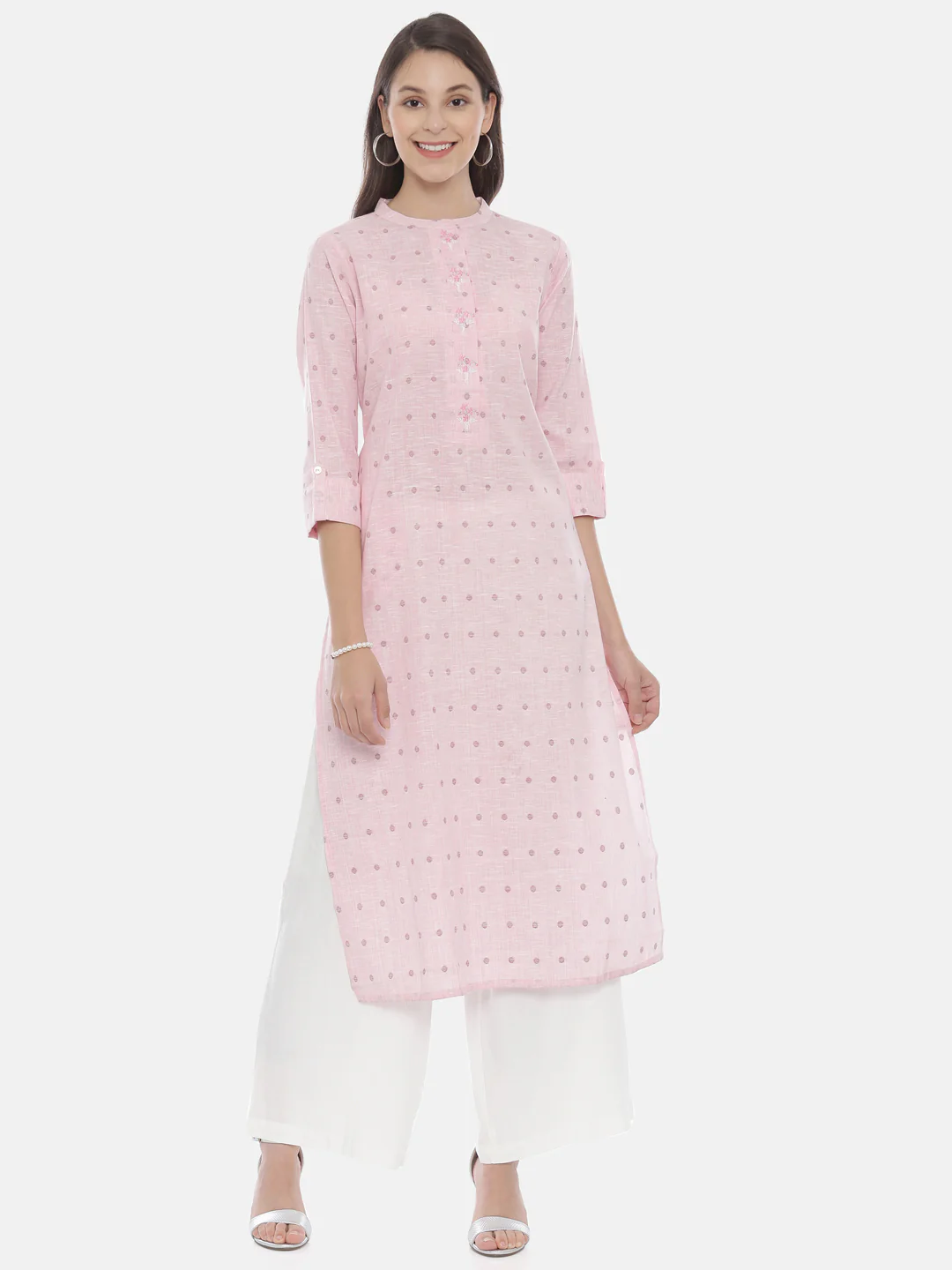 Neerus Pink Color Slub Cotton Fabric Tunic