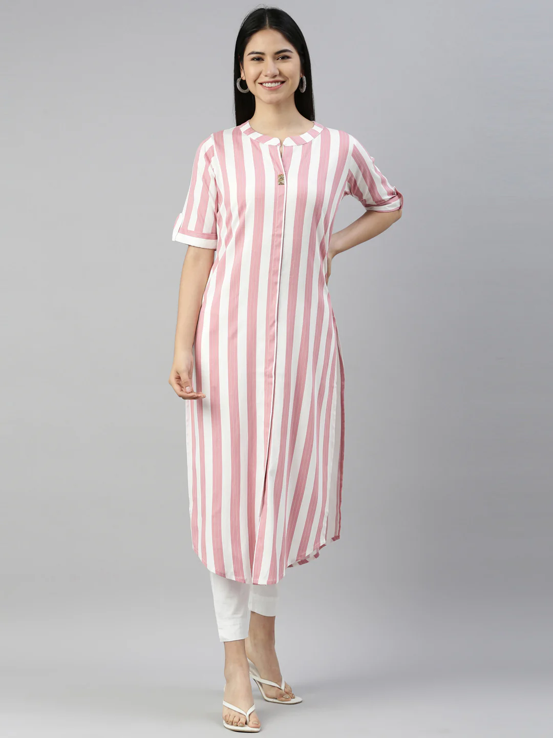 Neerus Pink Color Slub Rayon Fabric Kurta