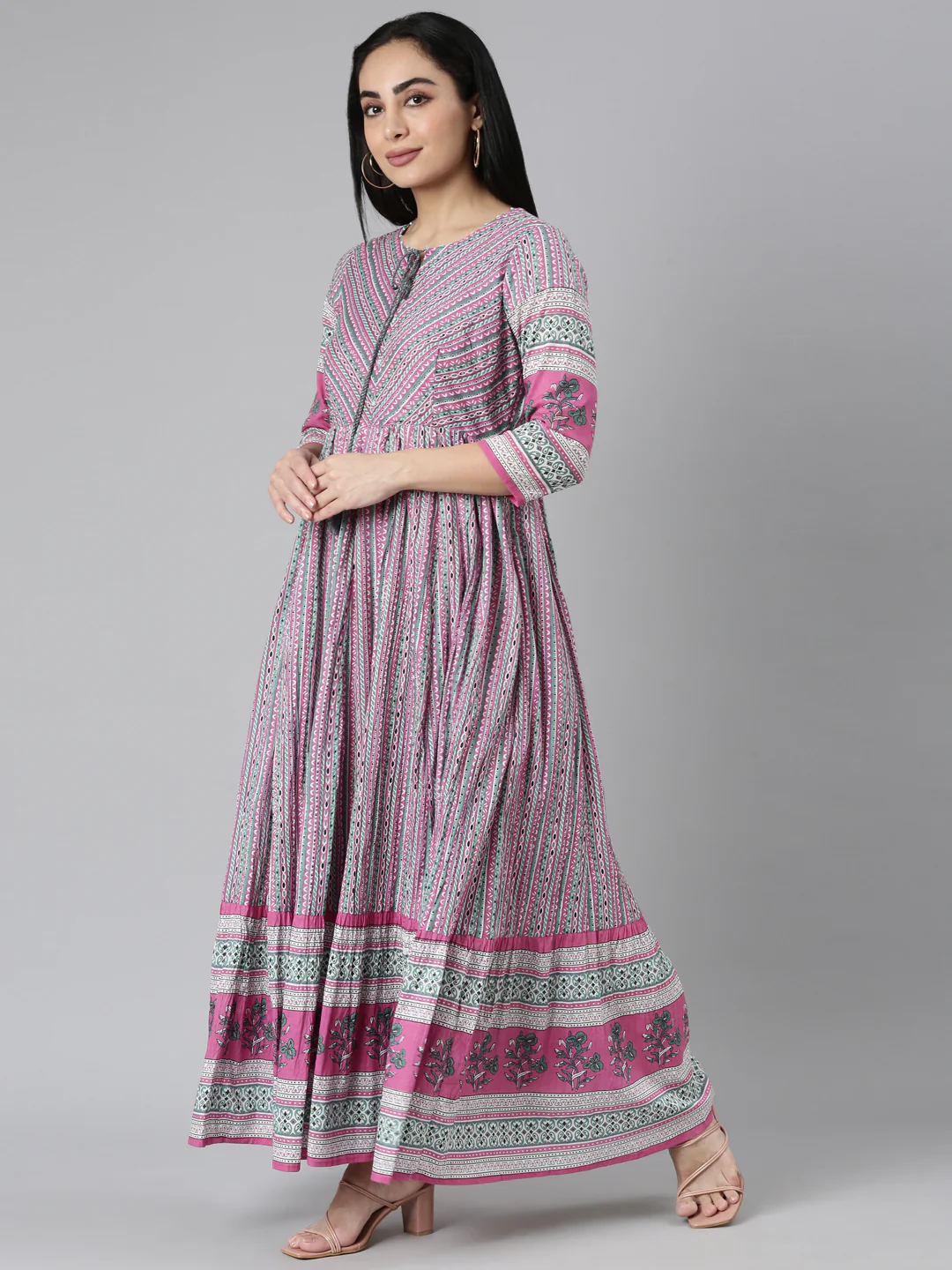 Neerus Pink Curved Casual Ethnic Motifs Maxi Dresses - Image 2