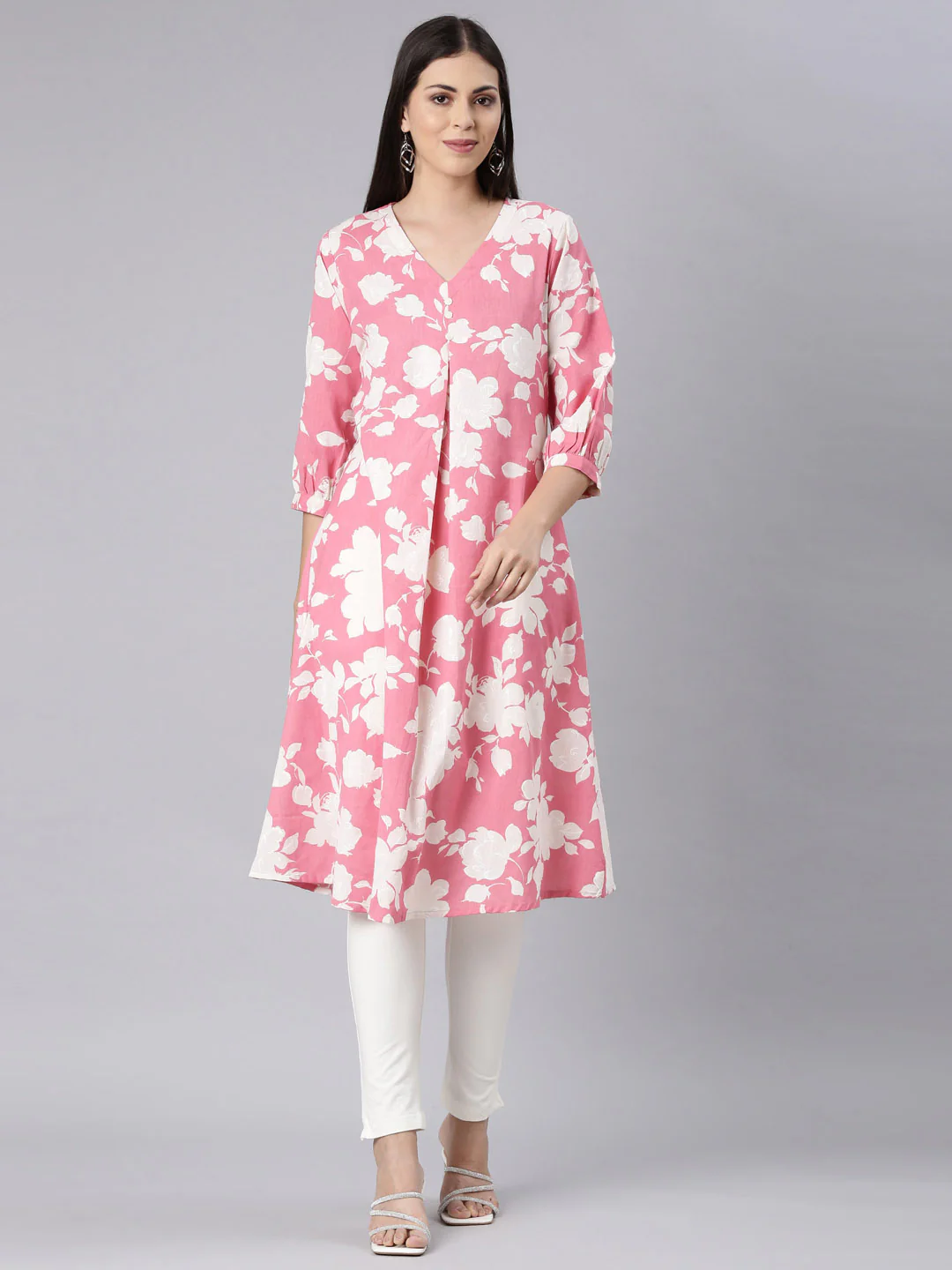 Neerus Pink Curved Casual Floral Anarkali Kurta
