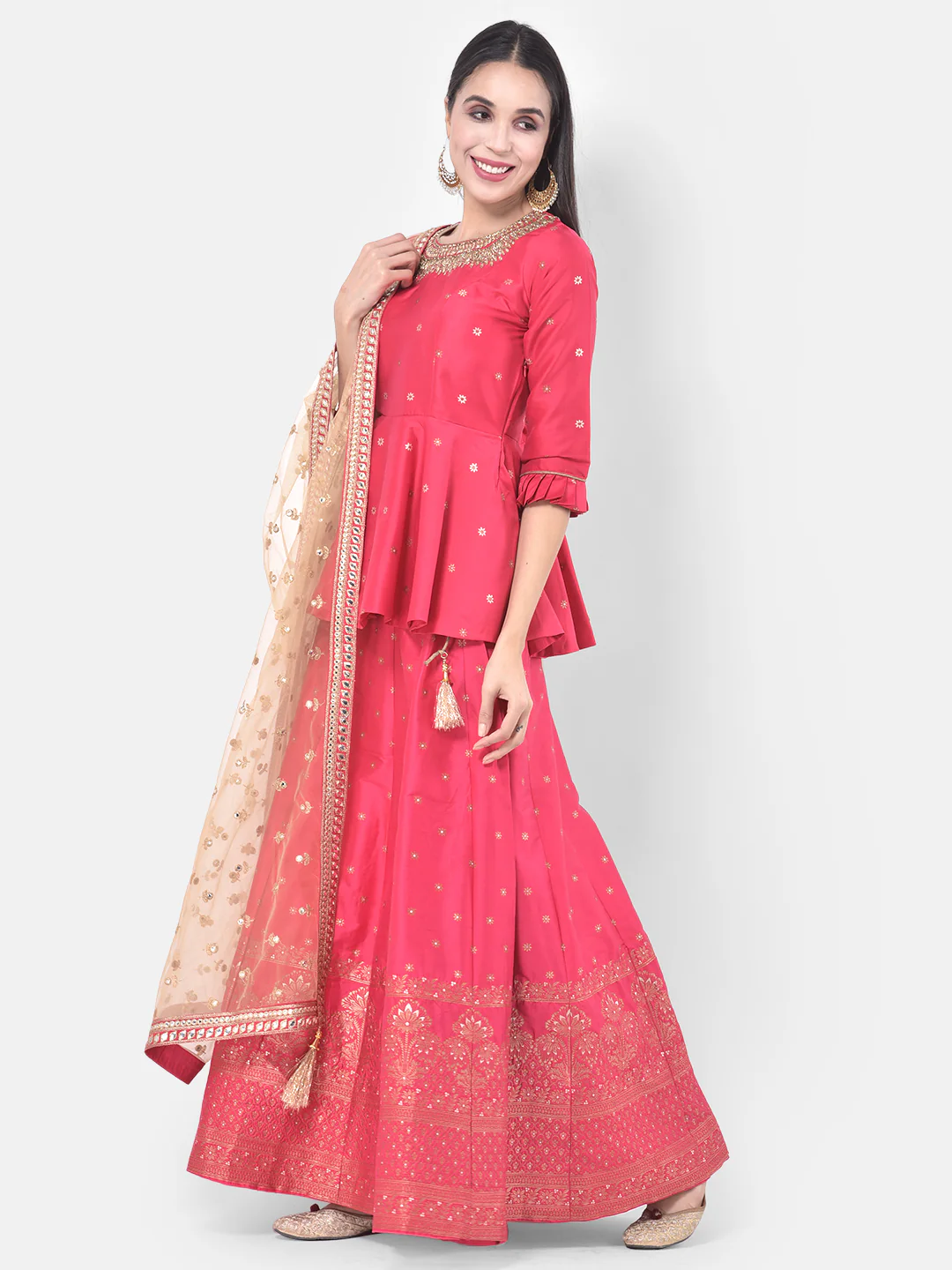 Neerus Pink Embellished Kurti With Skirt & Dupatta - Image 2