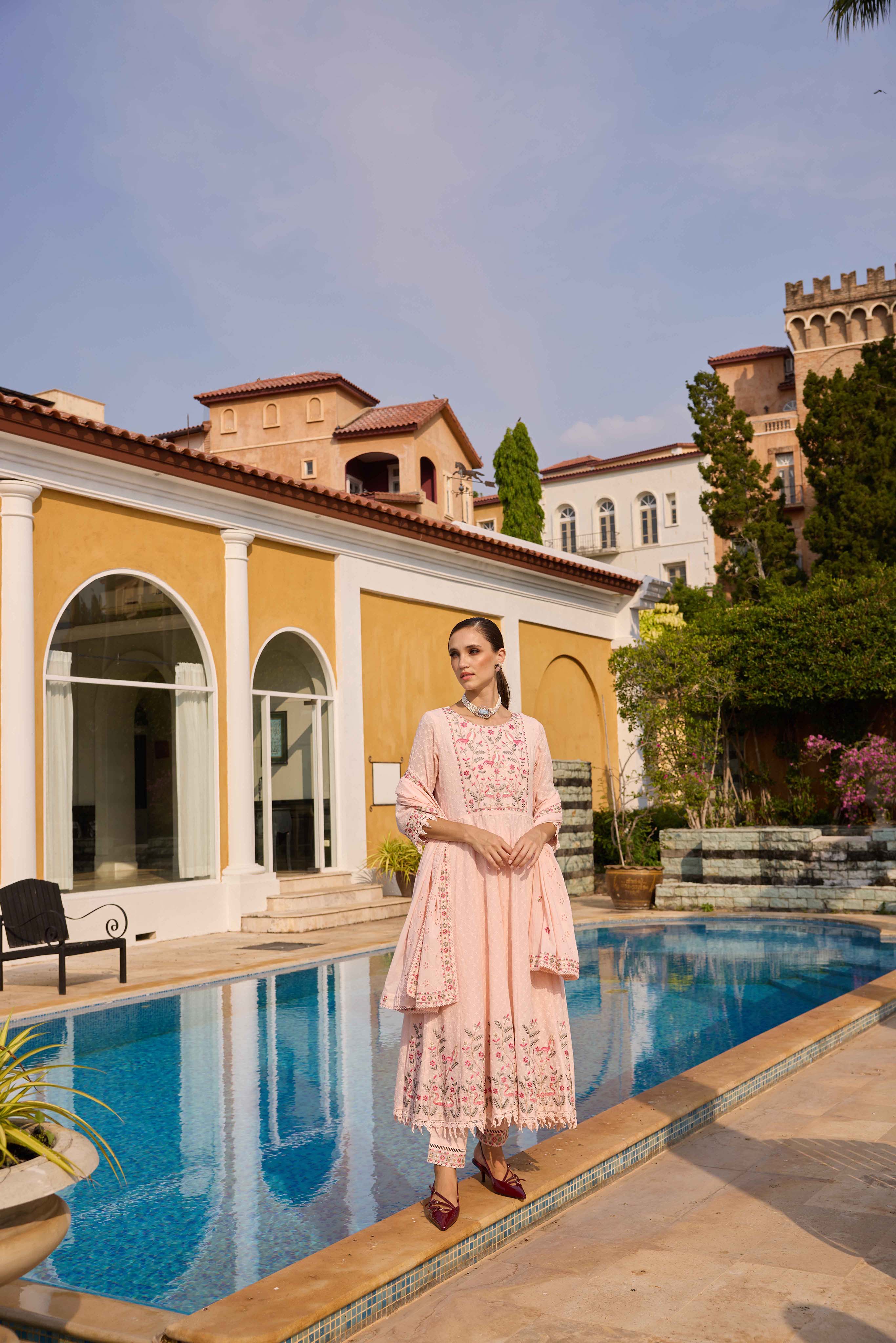 Neerus Pink Embroidered Anarkali Kurta and Trousers With Dupatta - Image 2