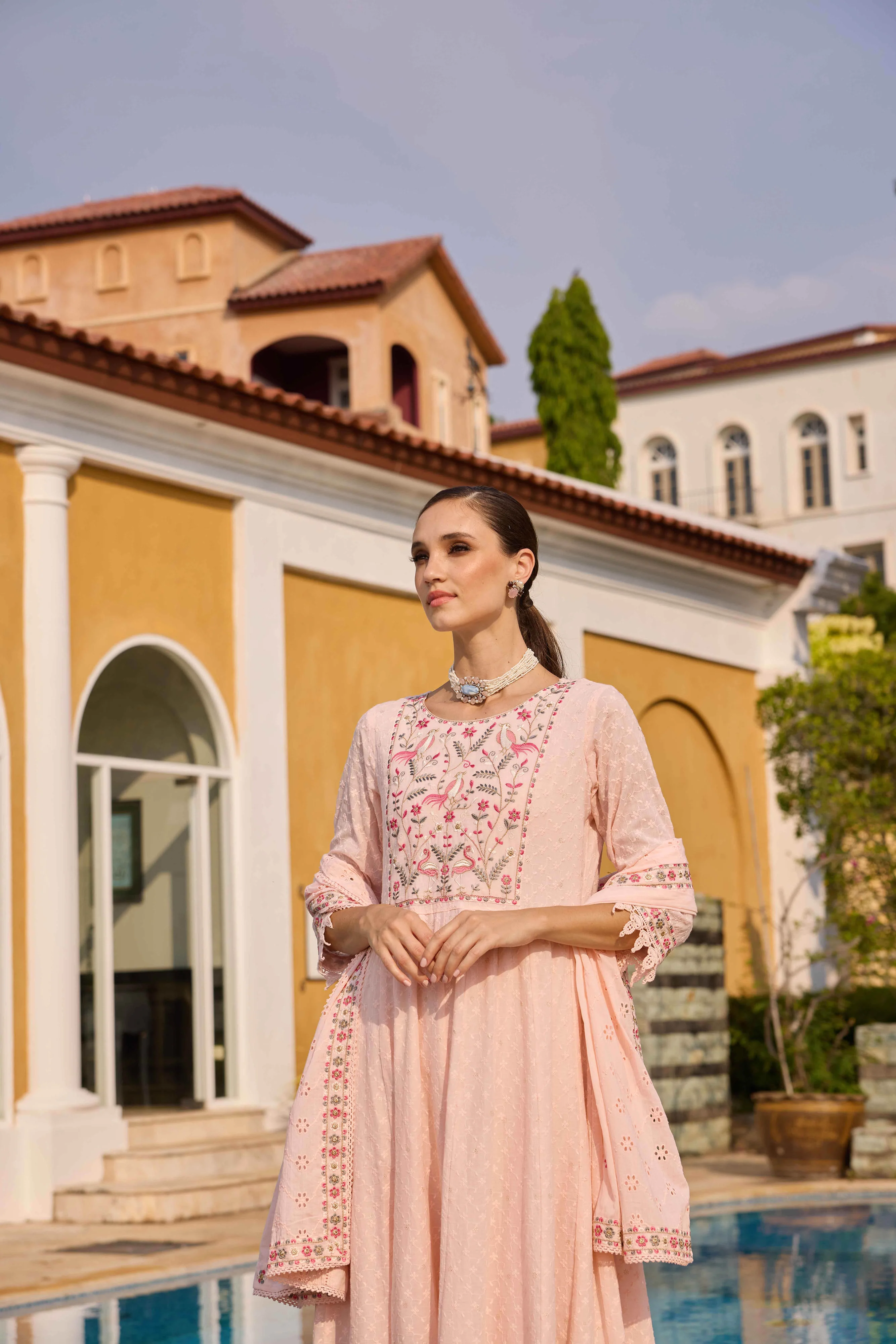 Neerus Pink Embroidered Anarkali Kurta and Trousers With Dupatta - Image 3