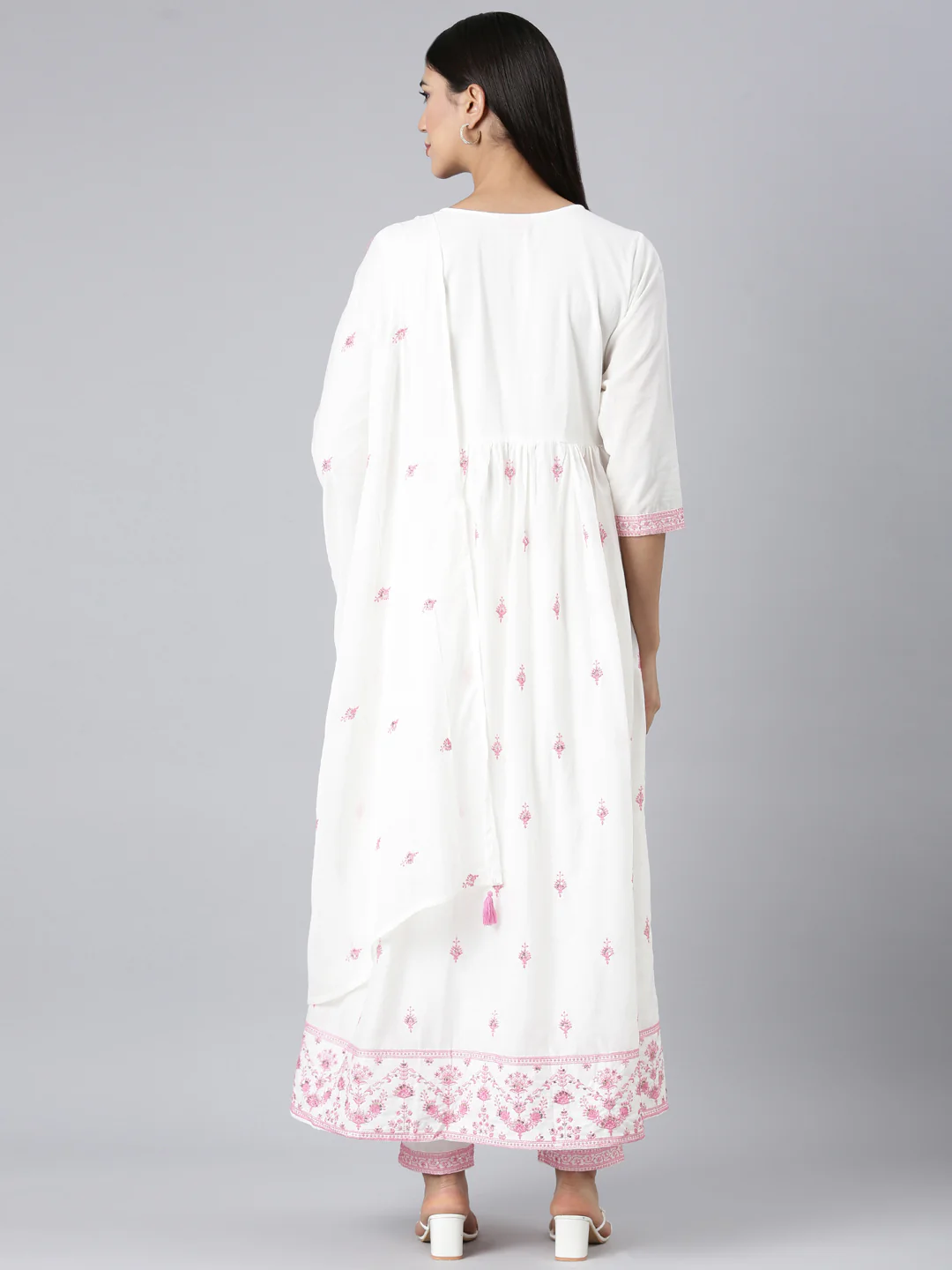 Neerus Pink Embroidered Curved Kurta and Trousers With Dupatta - Image 3