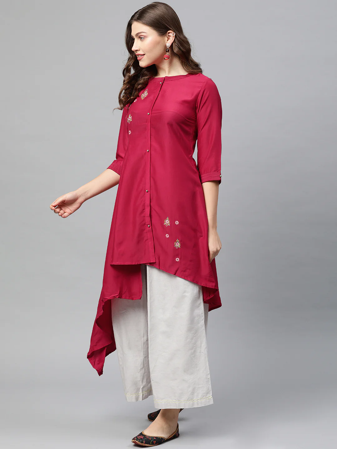 Neerus Pink Embroidered High Low Kurta - Image 3