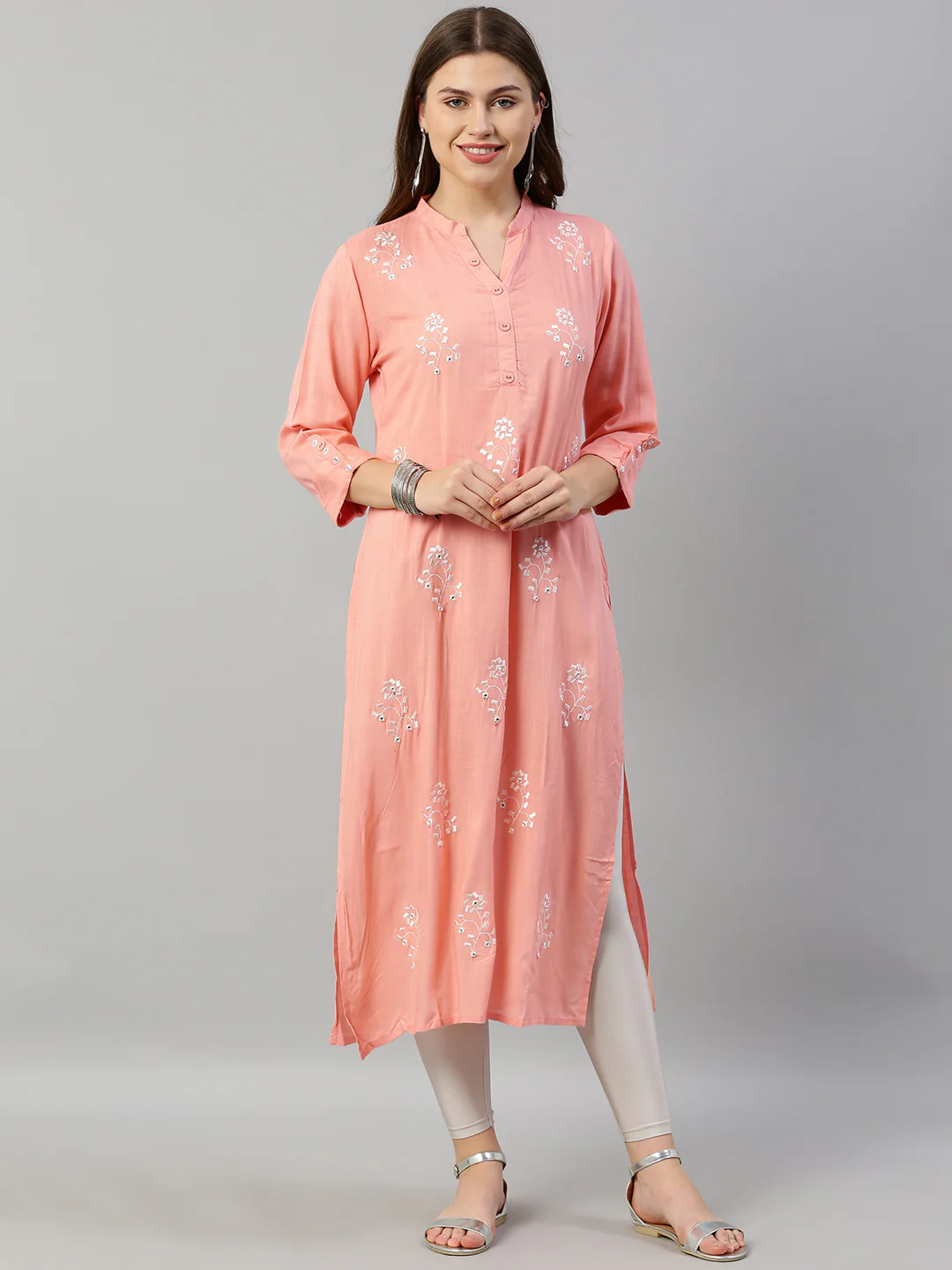 Neerus Pink Embroidered Straight Kurta