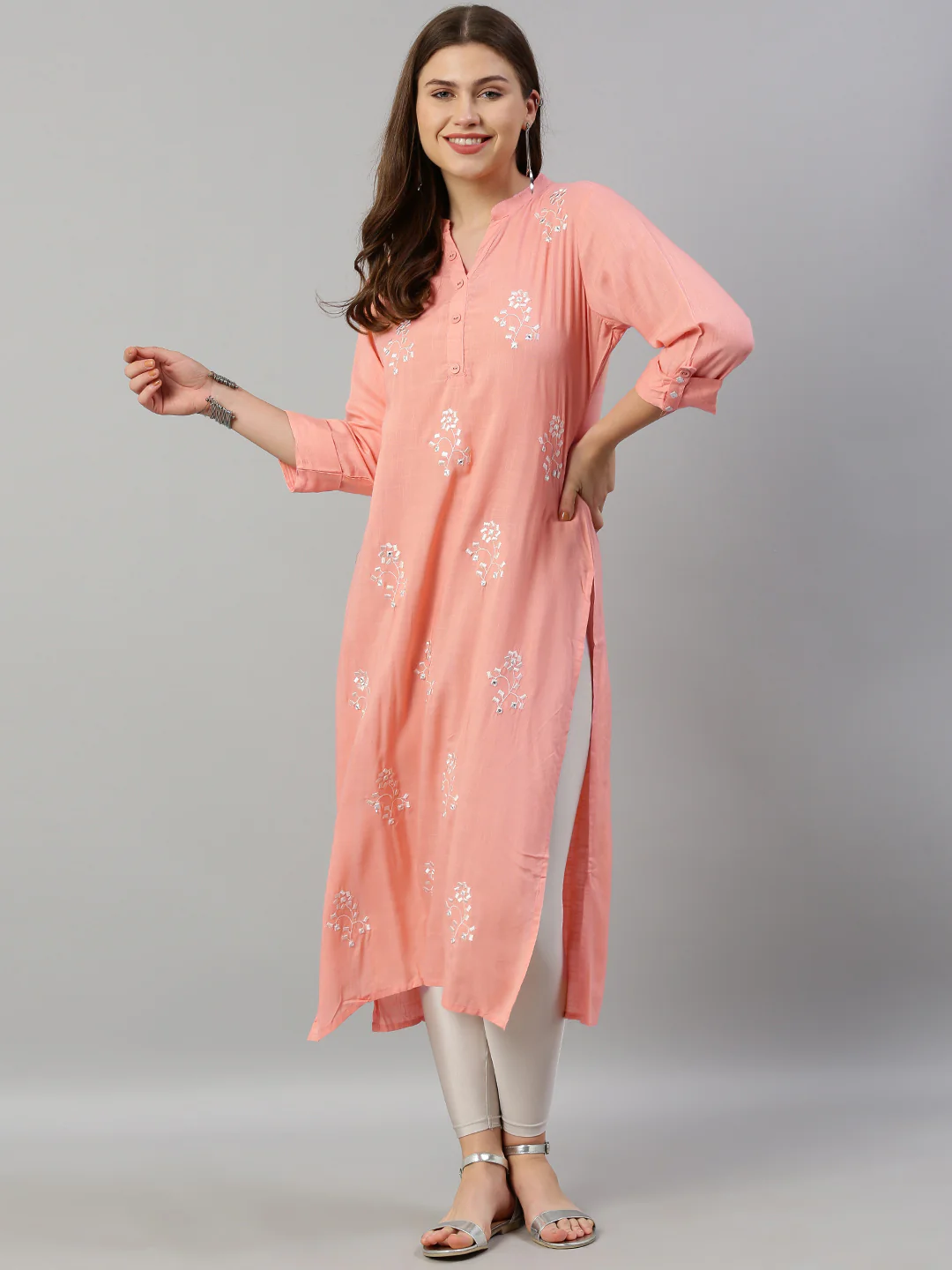 Neerus Pink Embroidered Straight Kurta - Image 6