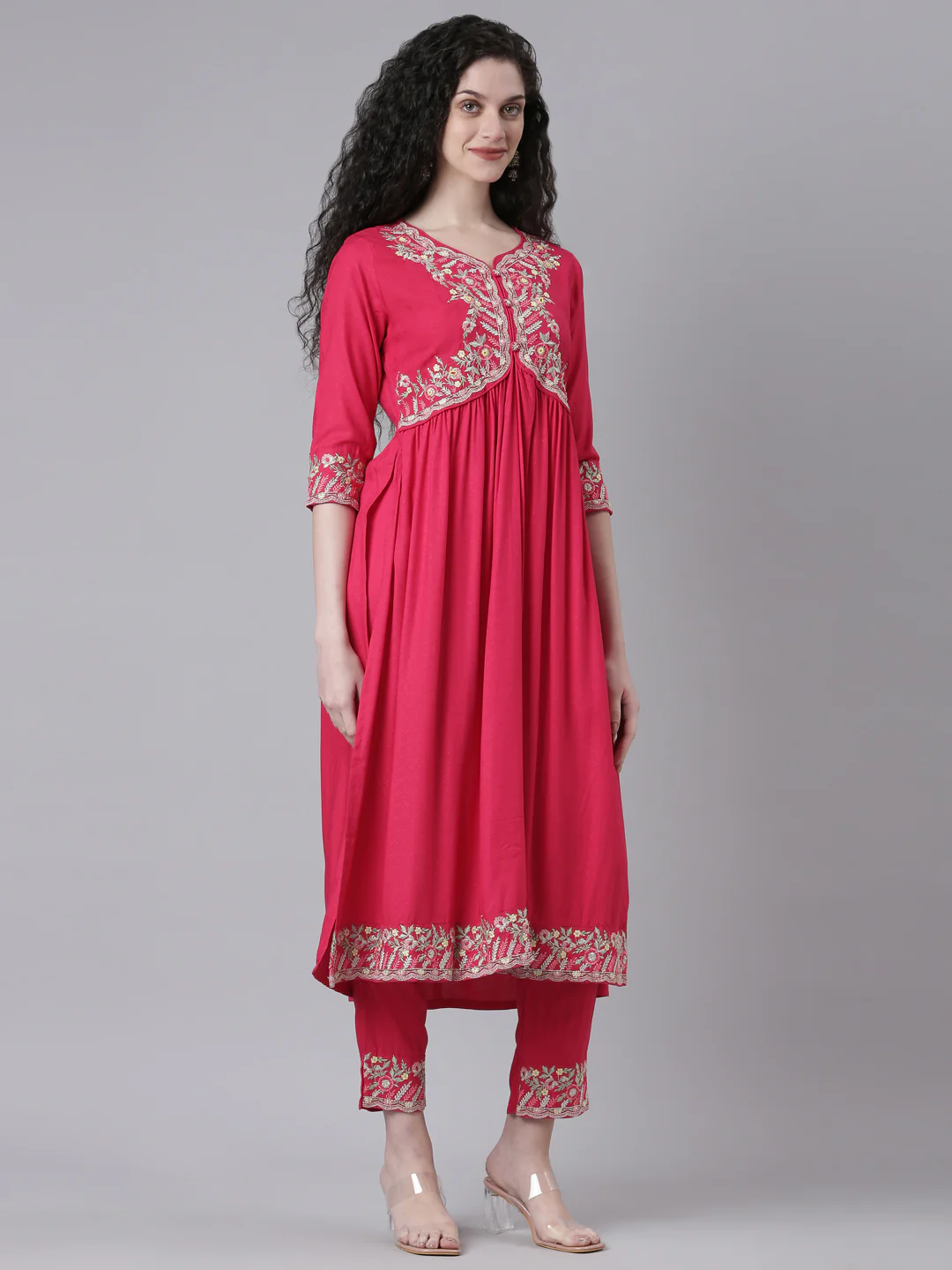 Neerus Pink Embroidered Straight Kurta and Trousers With Dupatta - Image 2