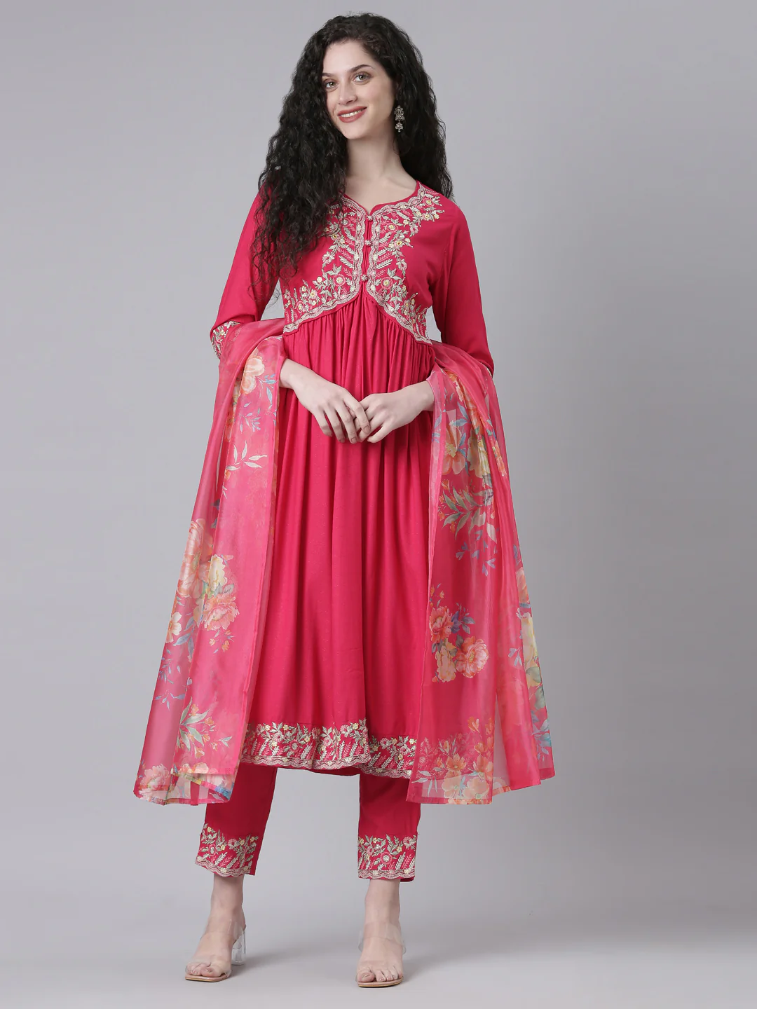 Neerus Pink Embroidered Straight Kurta and Trousers With Dupatta - Image 5