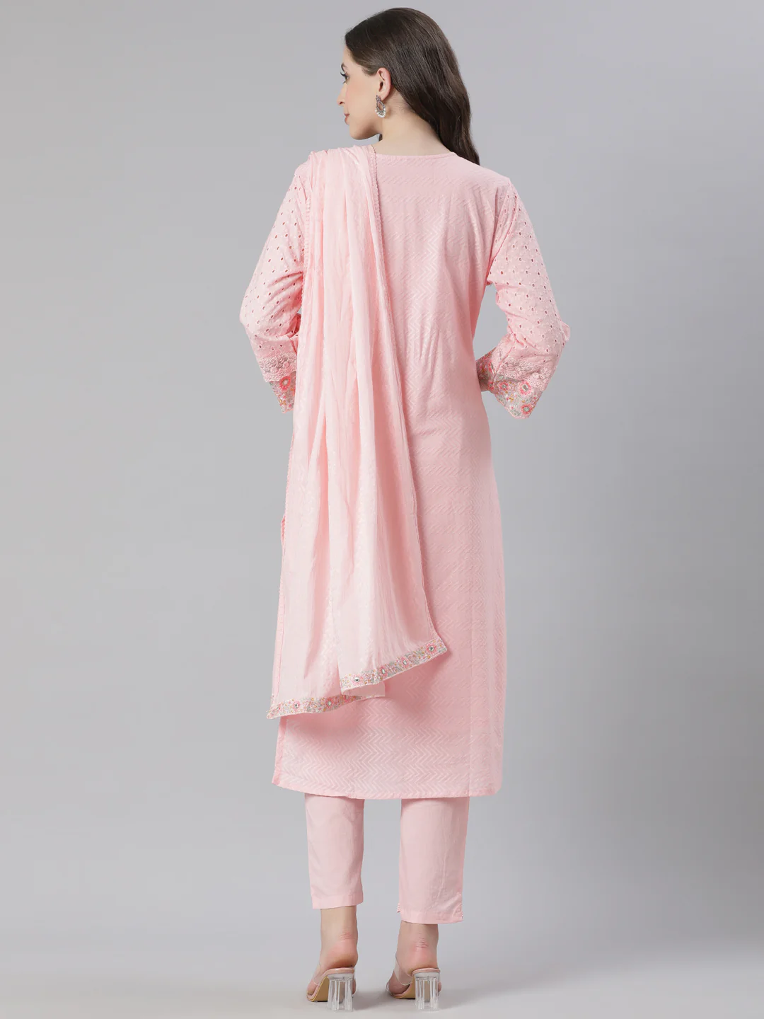 Neerus Pink Embroidered Straight Kurta and Trousers With Dupatta - Image 3
