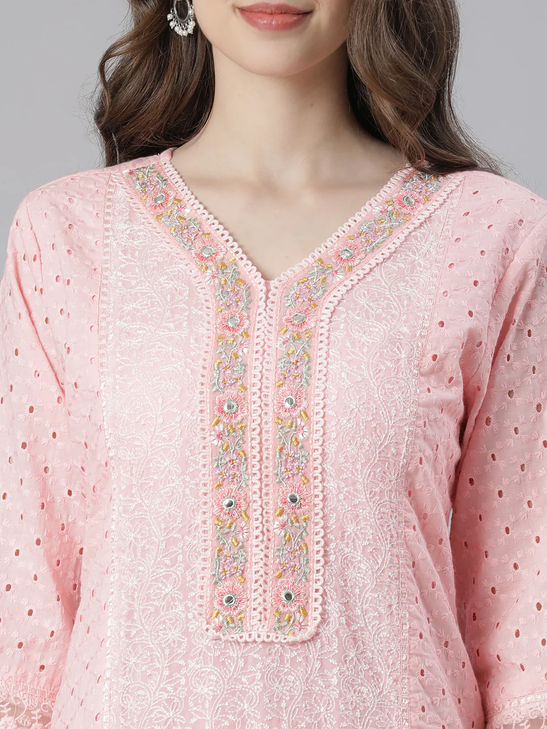 Neerus Pink Embroidered Straight Kurta and Trousers With Dupatta - Image 4