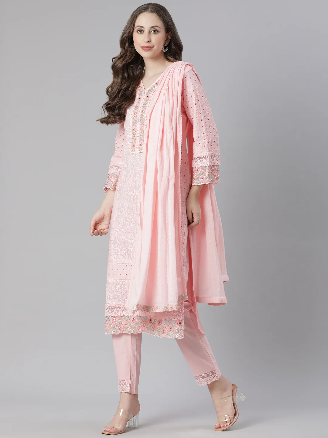 Neerus Pink Embroidered Straight Kurta and Trousers With Dupatta - Image 5