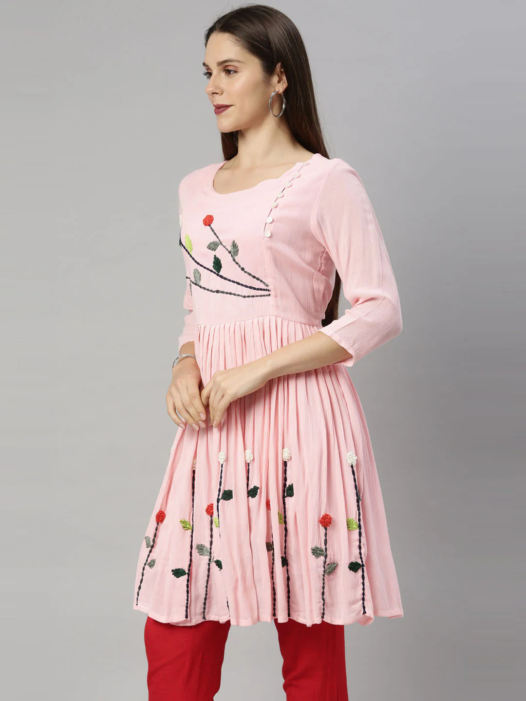 Neerus Pink Embroidered Thread Work Thread Work Empire Kurti - Image 2