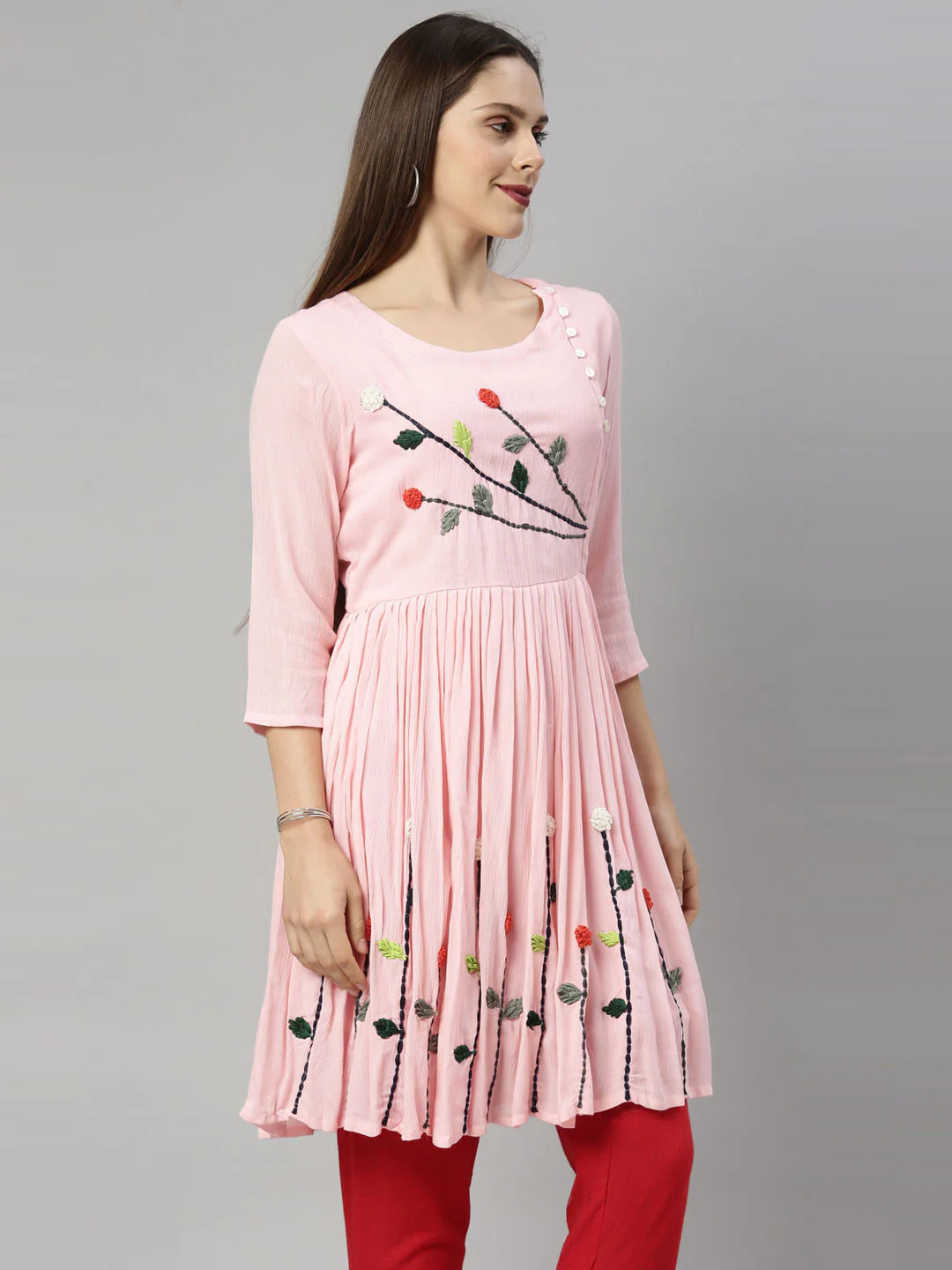 Neerus Pink Embroidered Thread Work Thread Work Empire Kurti - Image 5