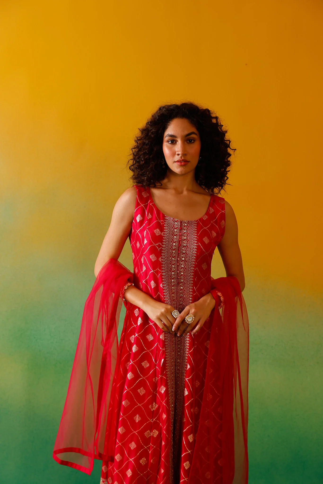 Neerus Pink Embroidery Banaras Fabric Anarkali Trouser and Dupatta - Image 10
