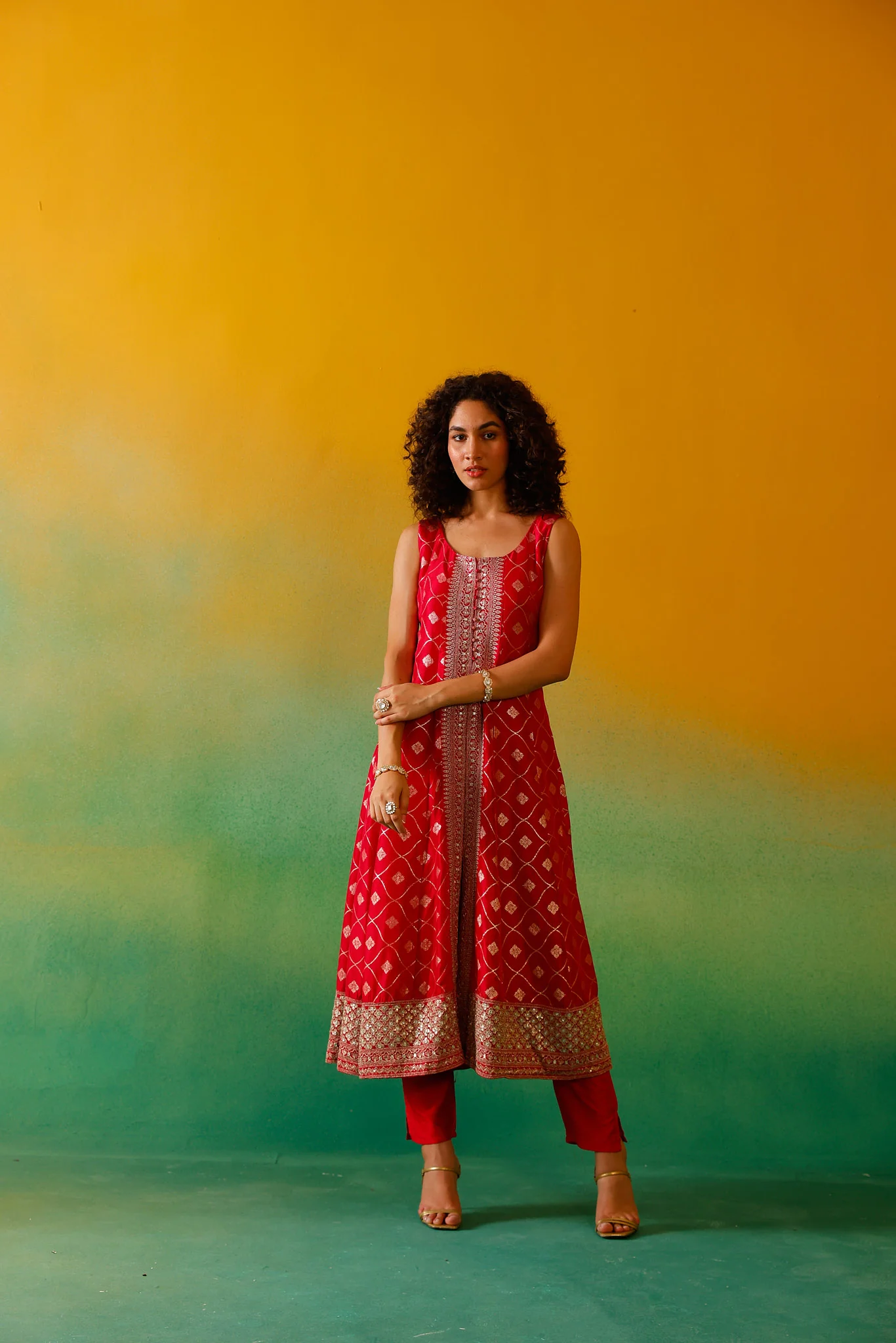 Neerus Pink Embroidery Banaras Fabric Anarkali Trouser and Dupatta - Image 12