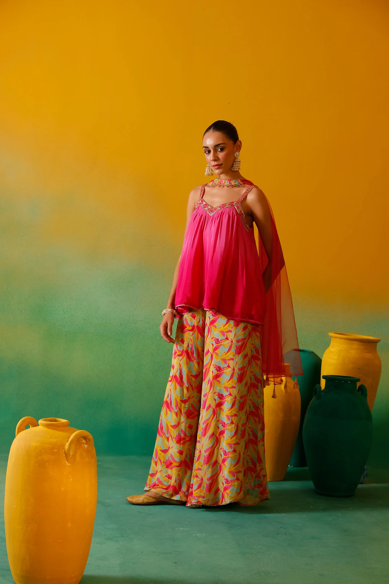 Neerus Pink Embroidery Chinon Fabric Kurta Plazzo and Dupatta - Image 5