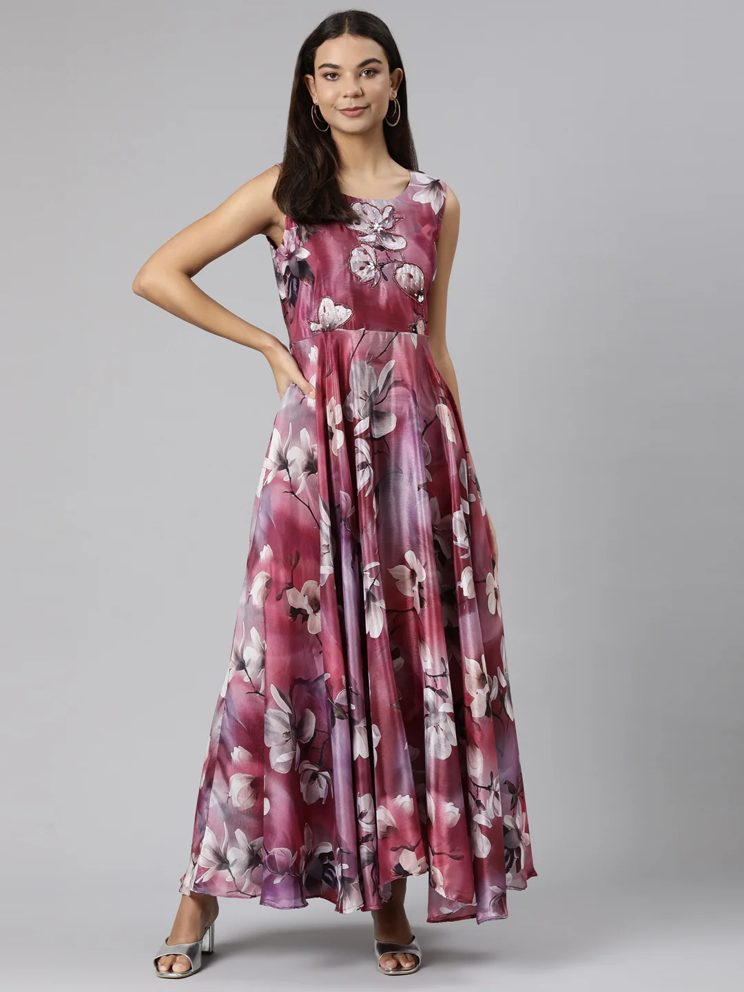 Neerus Pink Flared Casual Floral Dresses - Image 5
