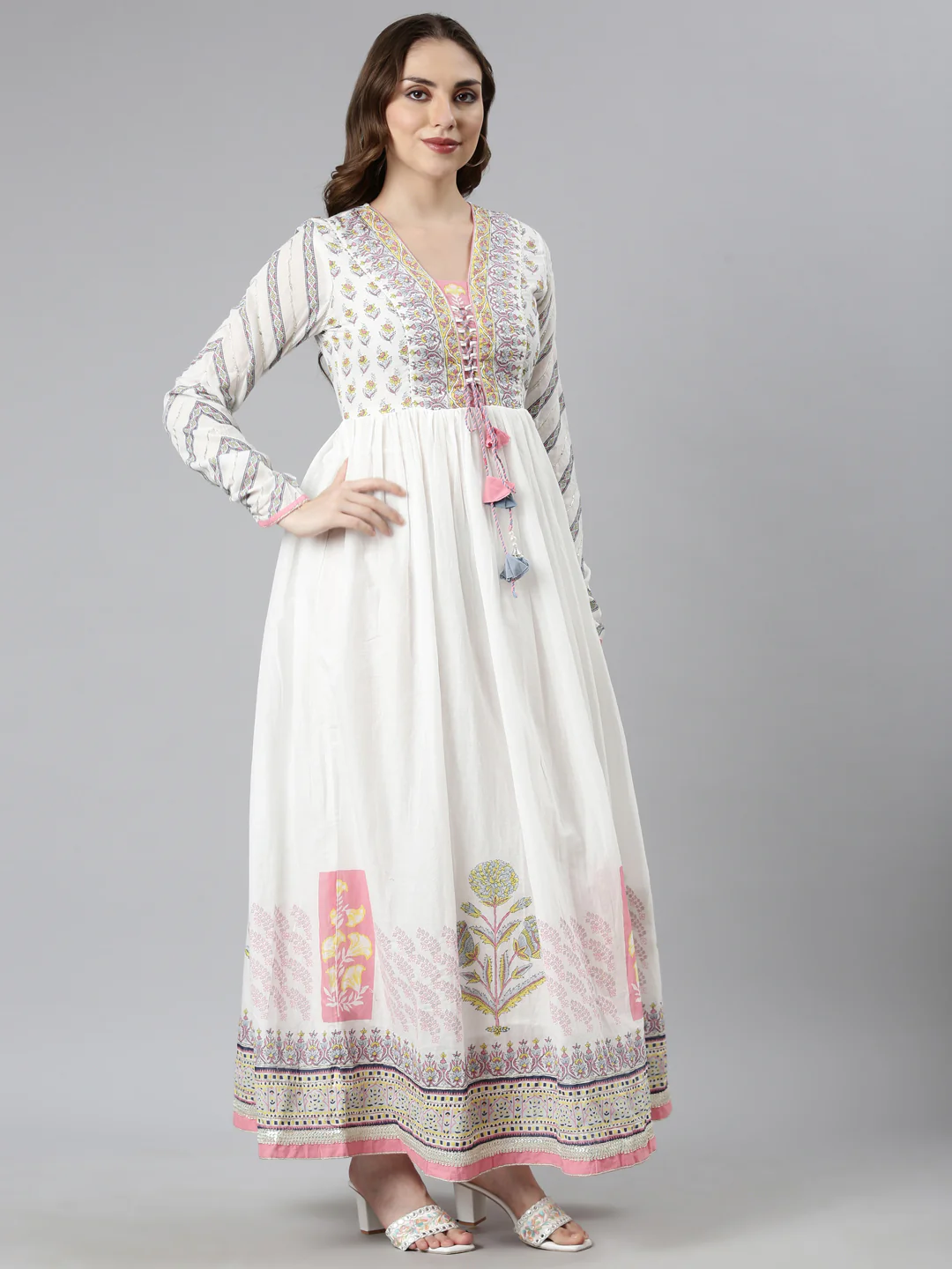 Neerus Pink Flared Casual Floral Maxi Dresses - Image 2