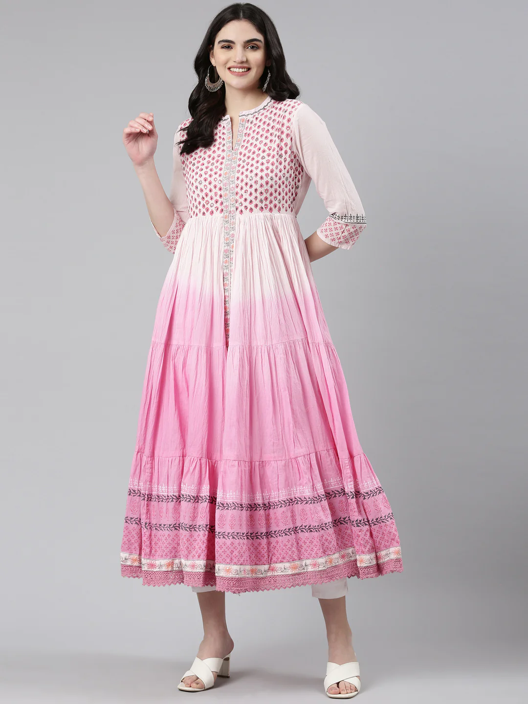Neerus Pink Flared Casual Printed Dress - Image 5