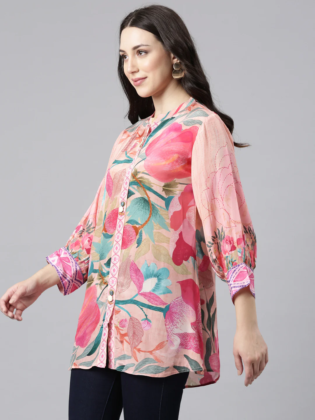 Neerus Pink High-Low Casual Printed Straight Kurtis - Image 2