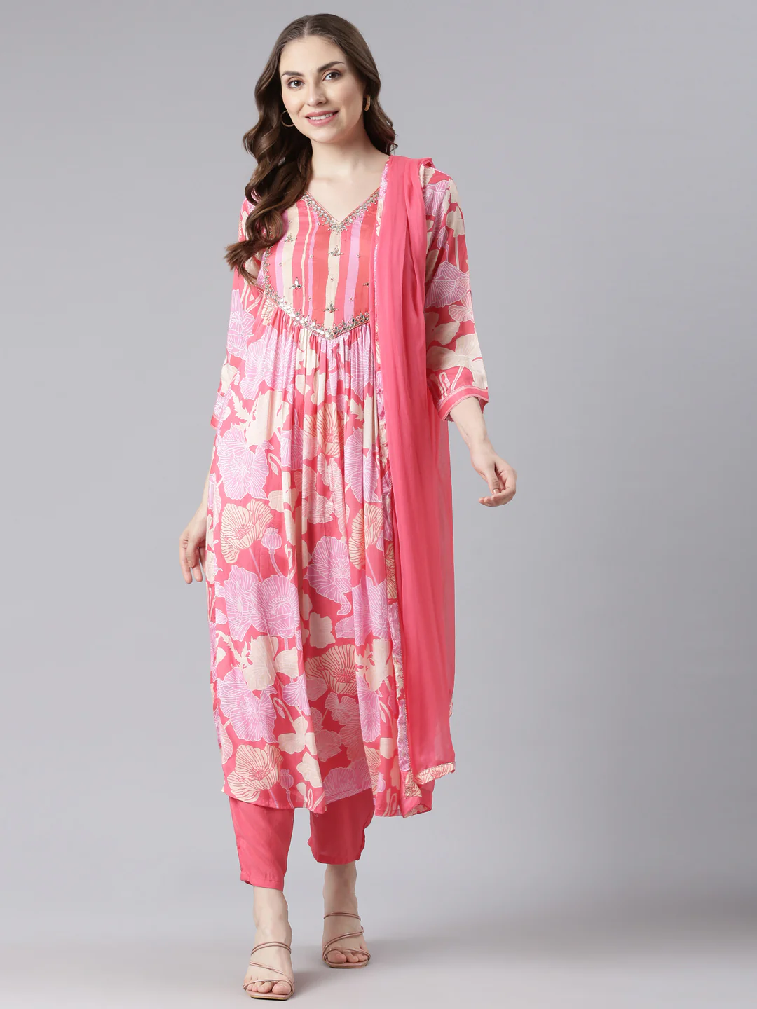 Neerus Pink Muslin Curved Casual Floral Kurta and Trouser with Dupatta - Image 6
