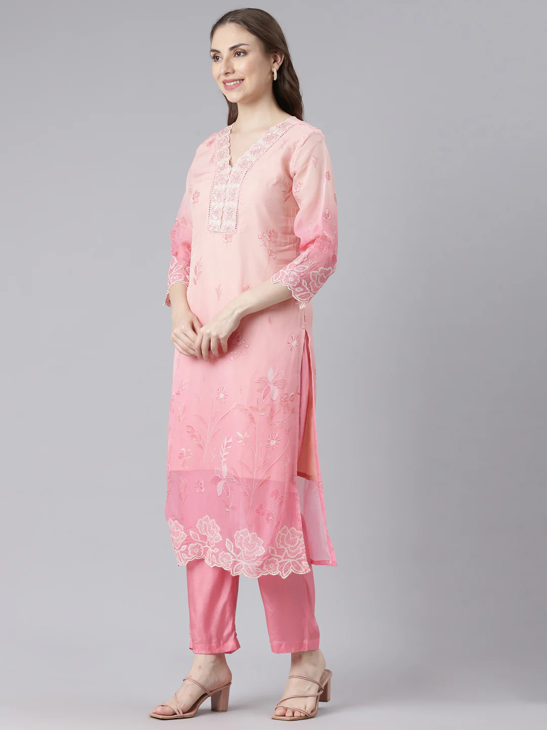 Neerus Pink Organza Straight Casual Floral Kurta and Trouser with Dupatta - Image 2