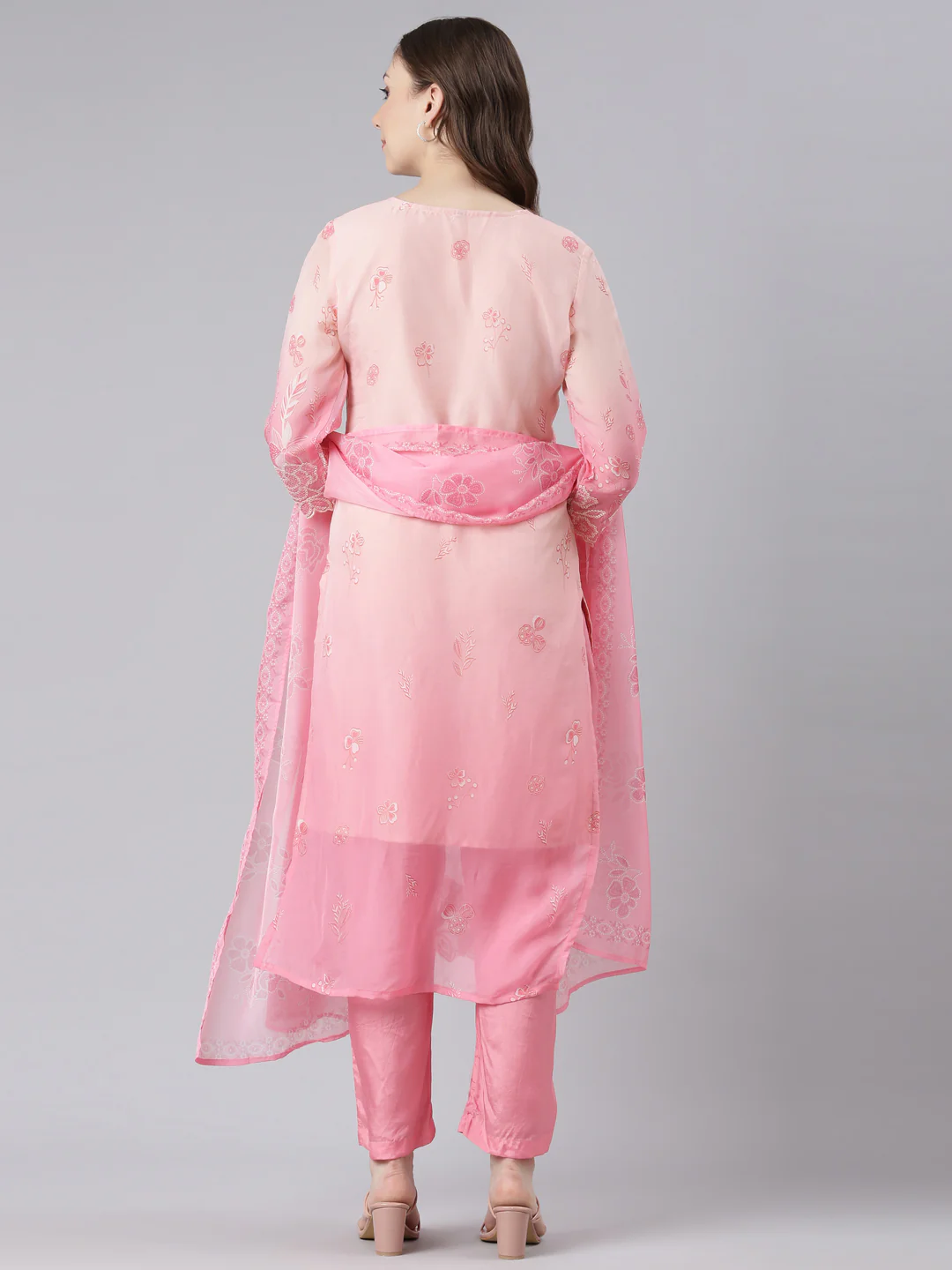 Neerus Pink Organza Straight Casual Floral Kurta and Trouser with Dupatta - Image 4