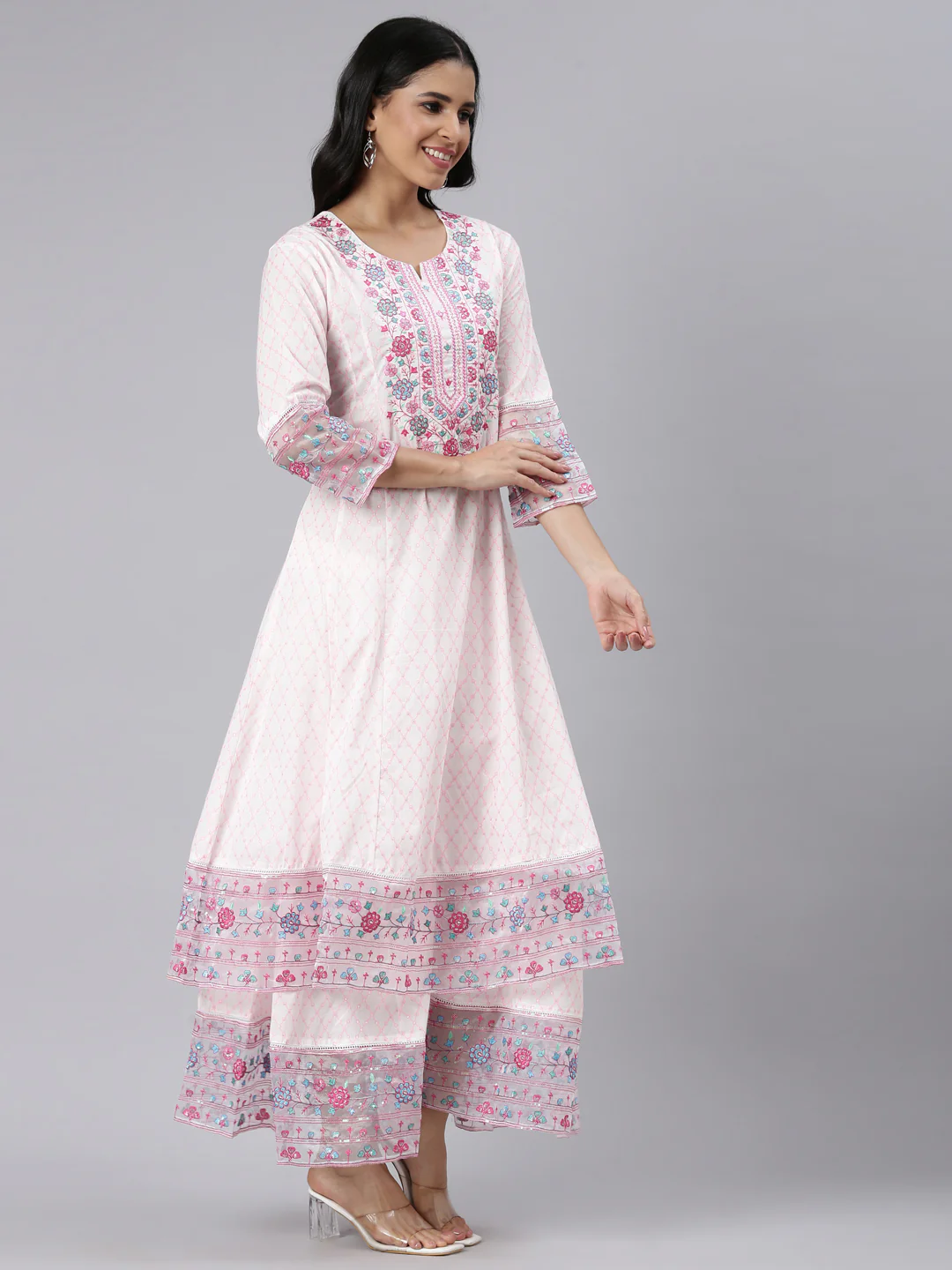 Neerus Pink Panelled Curved Printed Kurta and Palazzos With Dupatta - Image 2