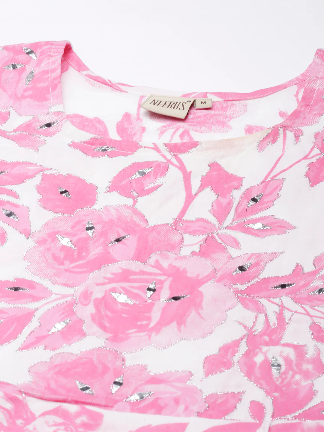 Neerus Pink Panelled Curved Printed Kurta and Trousers With Dupatta - Image 4