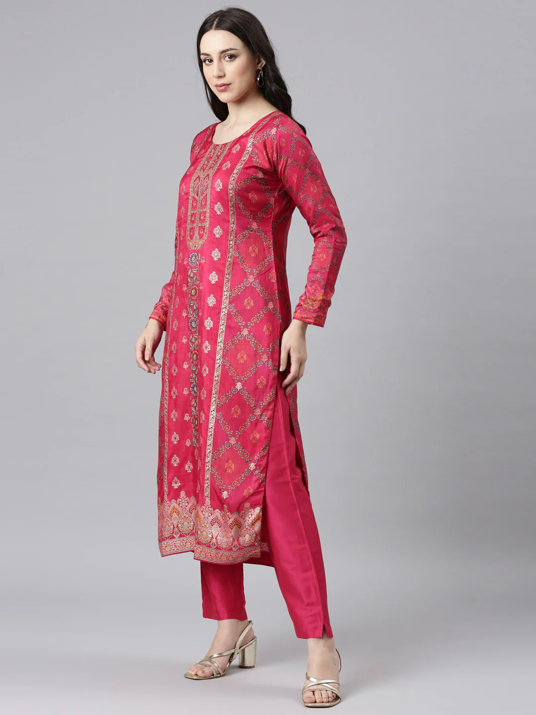 Neerus Pink Panelled Straight Kurta and Trousers With Dupatta - Image 2