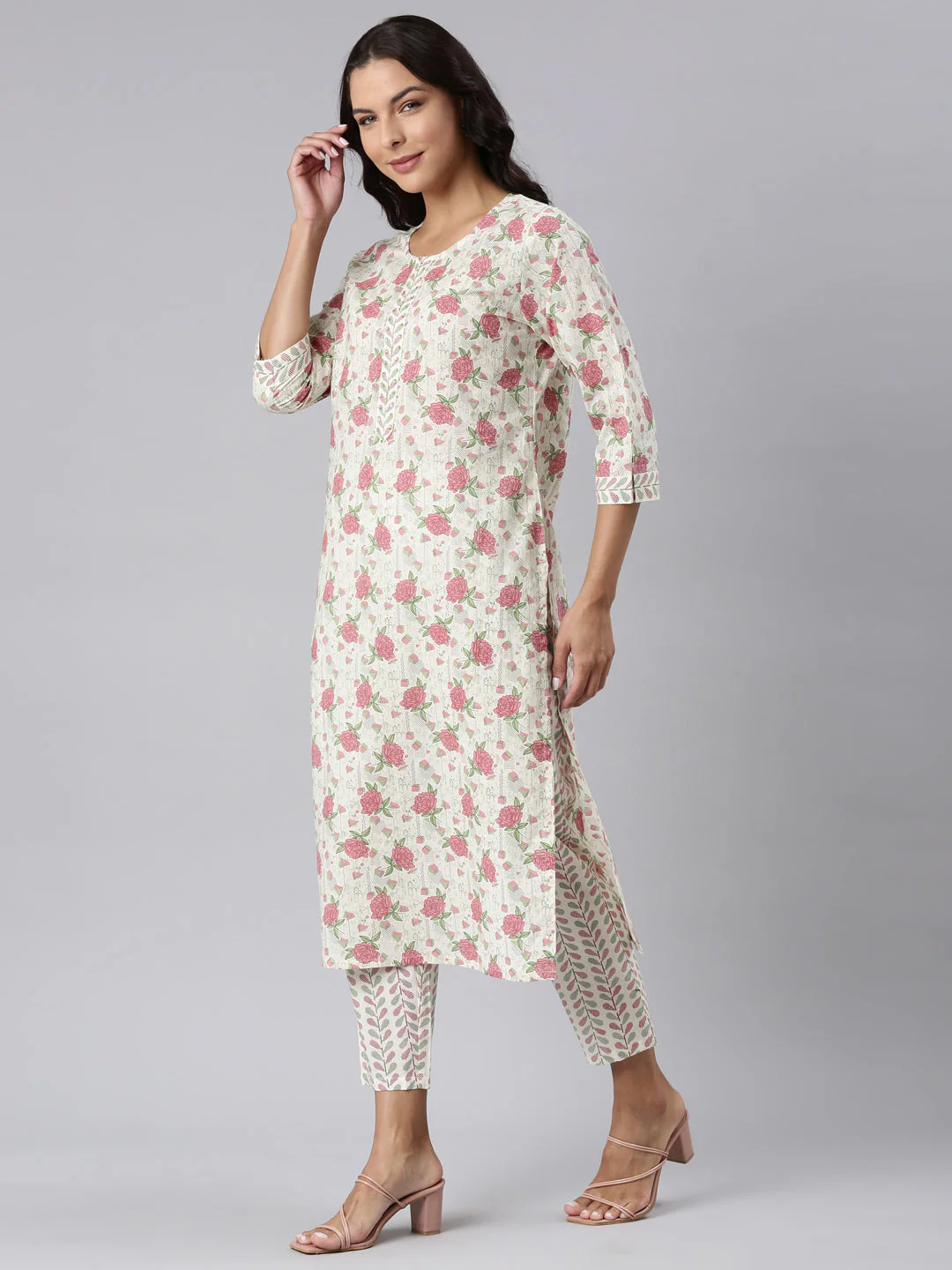 Neerus Pink Panelled Straight Printed Kurta And Trousers With Dupatta - Image 2