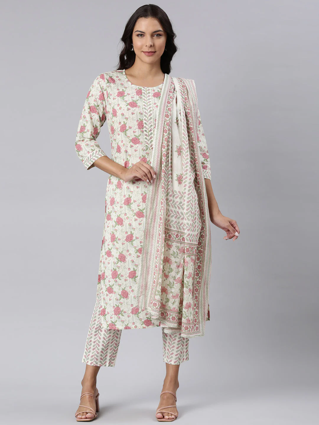 Neerus Pink Panelled Straight Printed Kurta And Trousers With Dupatta - Image 6