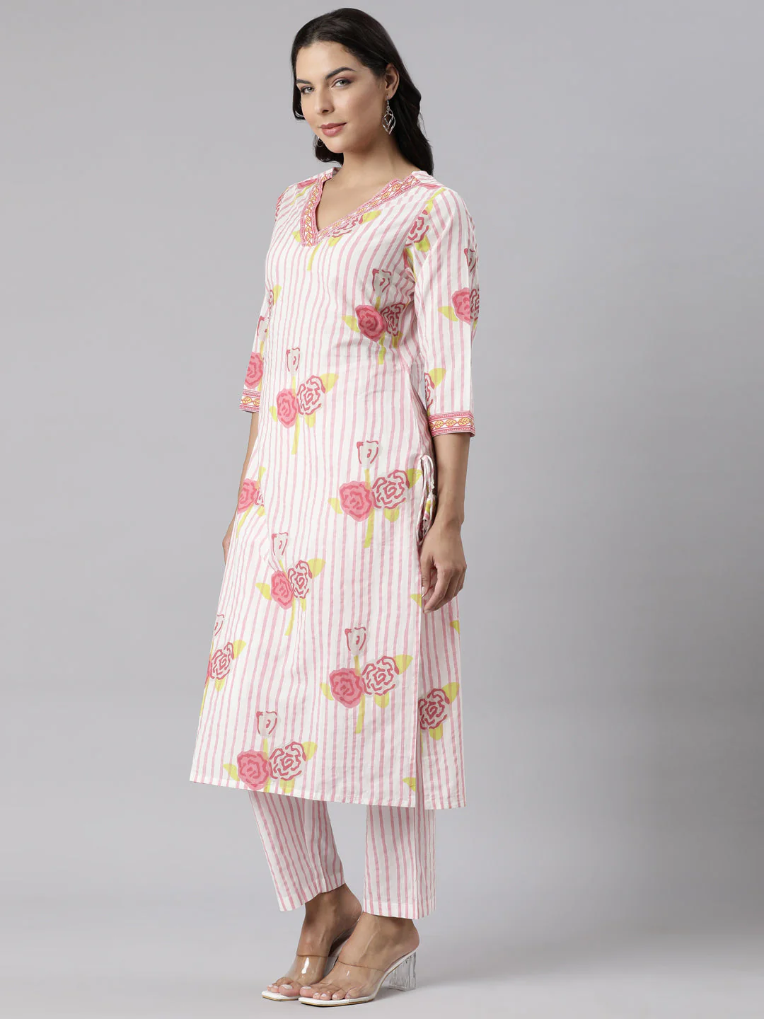 Neerus Pink Panelled Straight Printed Kurta And Trousers With Dupatta - Image 2