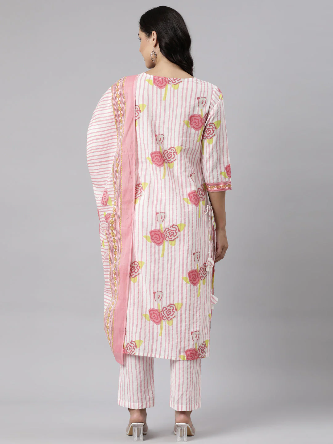 Neerus Pink Panelled Straight Printed Kurta And Trousers With Dupatta - Image 4