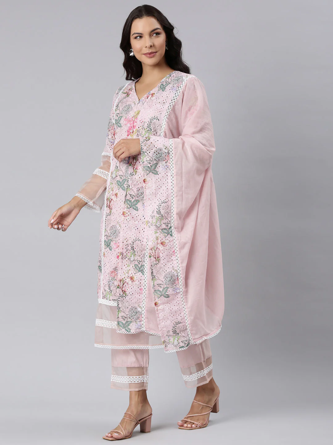 Neerus Pink Panelled Straight Printed Kurta And Trousers With Dupatta - Image 2