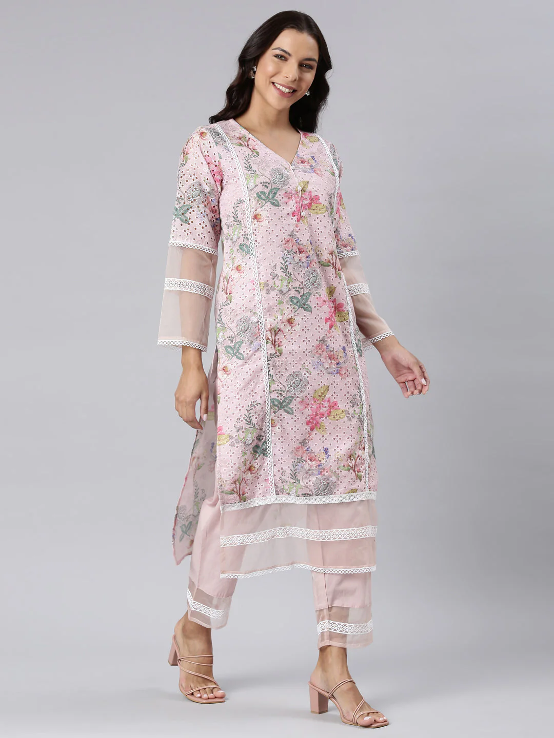 Neerus Pink Panelled Straight Printed Kurta And Trousers With Dupatta - Image 3